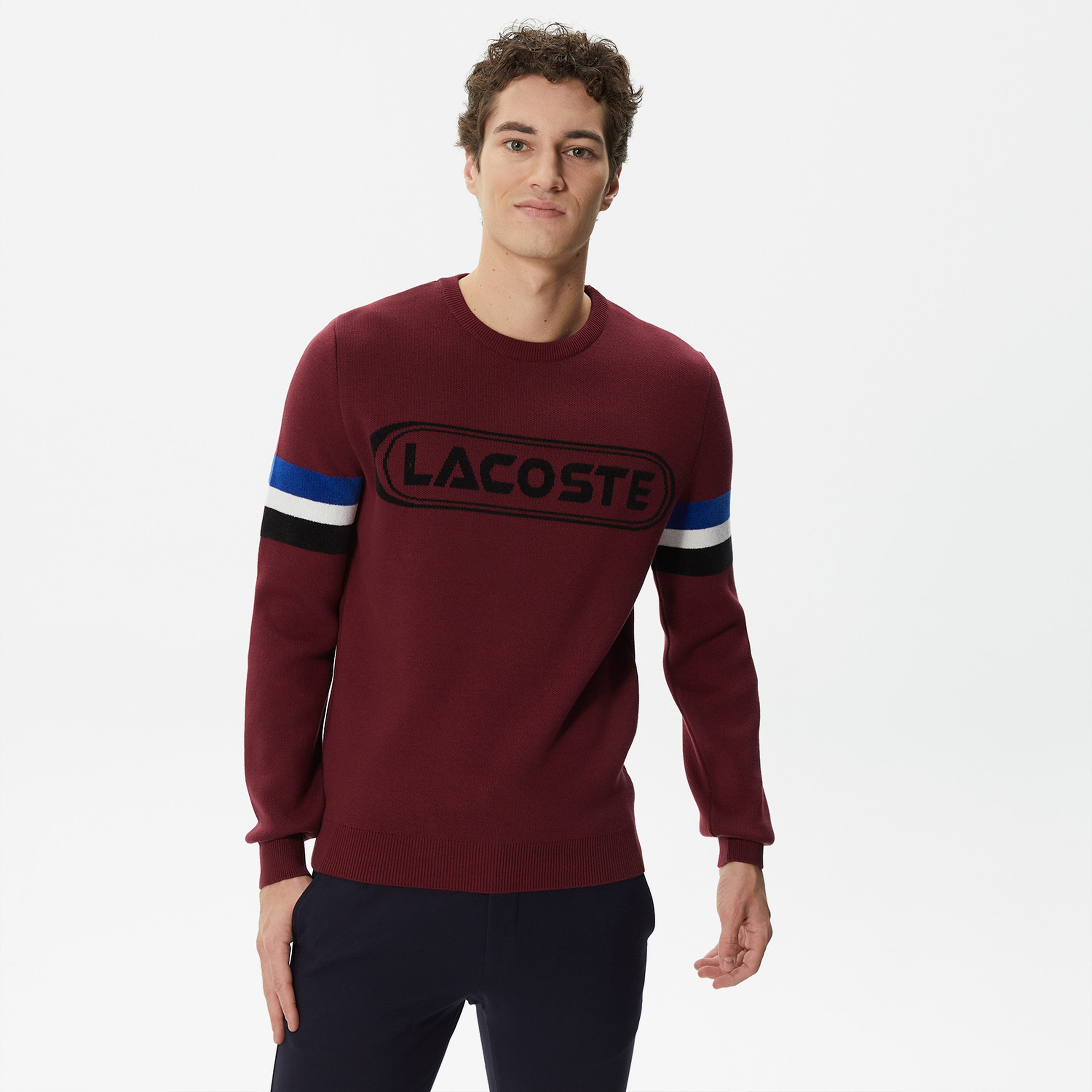 Lacoste Erkek Regular Fit Uzun Kollu Bisiklet Yaka Renk Bloklu Bordo Triko