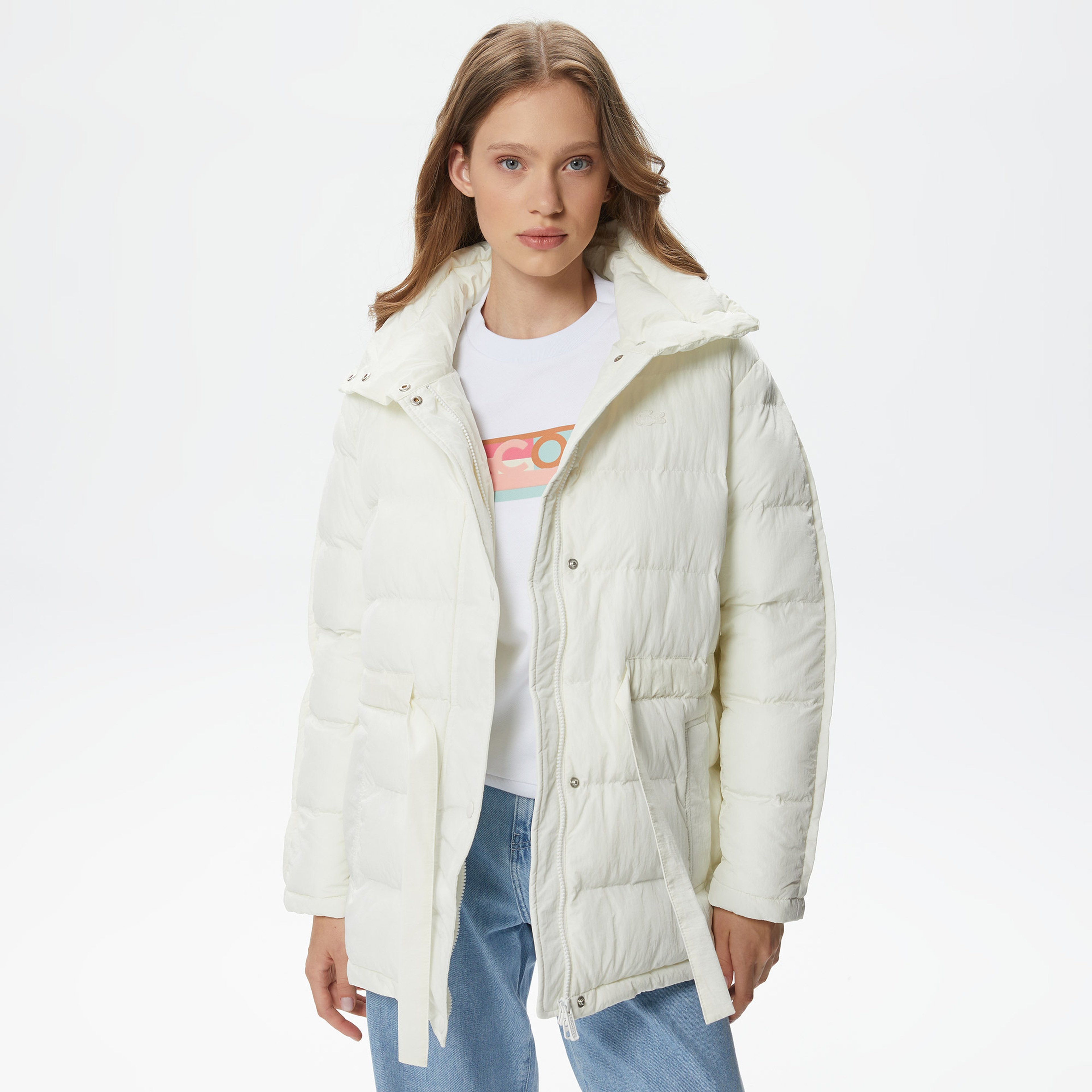 Kadın Dik Yaka Kapitone Beyaz Mont