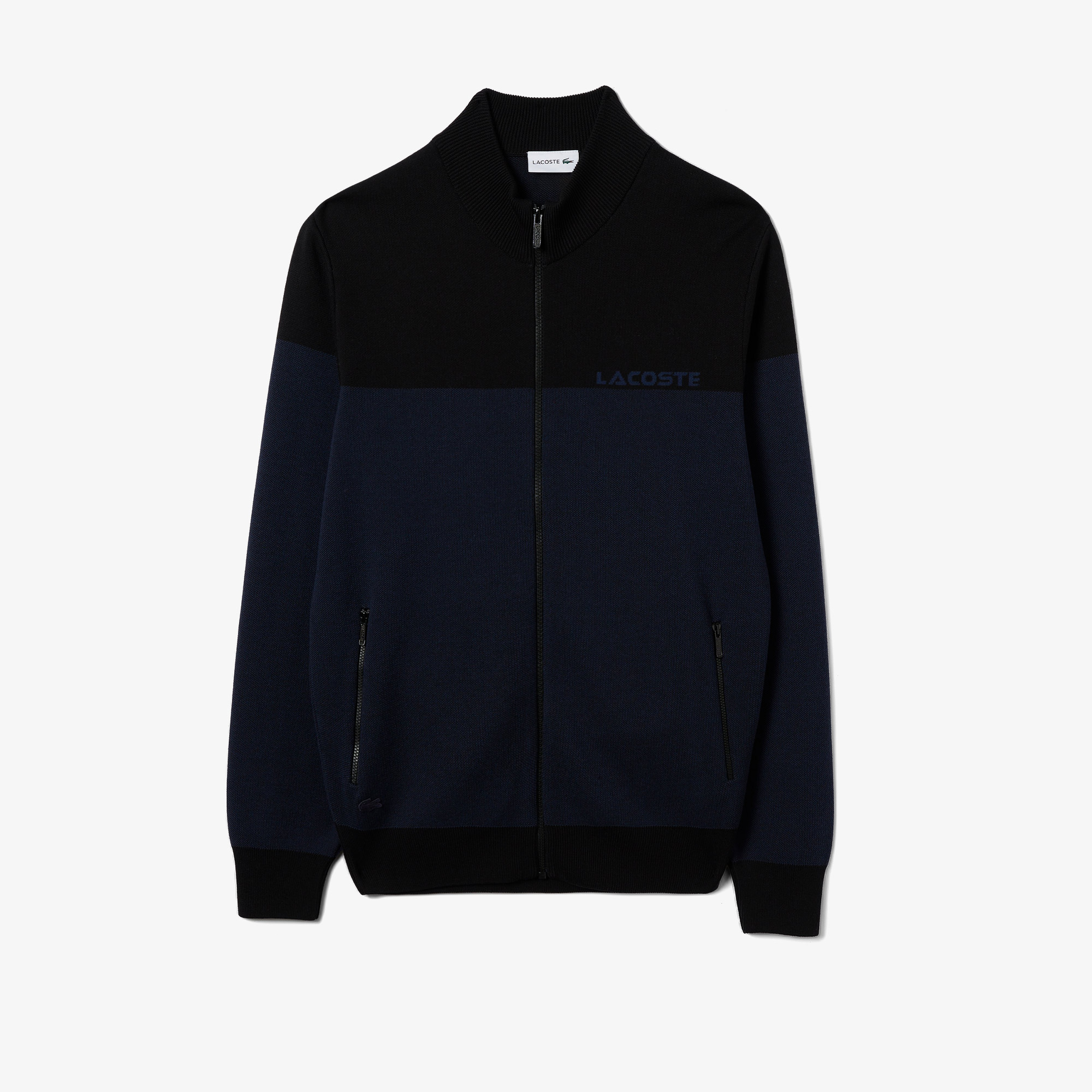 Erkek Regular Fit Uzun Kollu Dik Yaka Renk Bloklu Siyah Triko