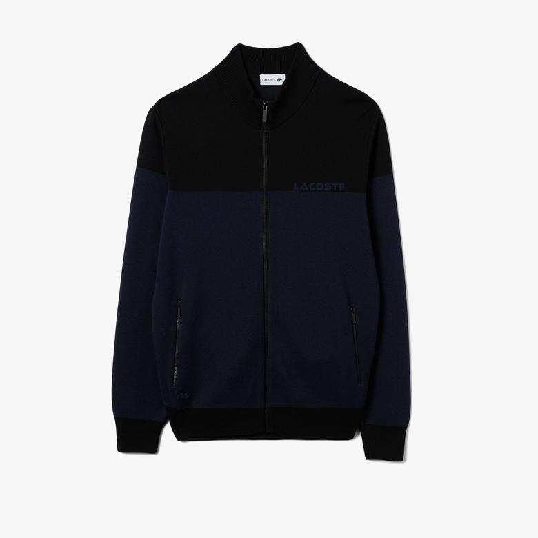 Erkek Regular Fit Uzun Kollu Dik Yaka Renk Bloklu Siyah Triko