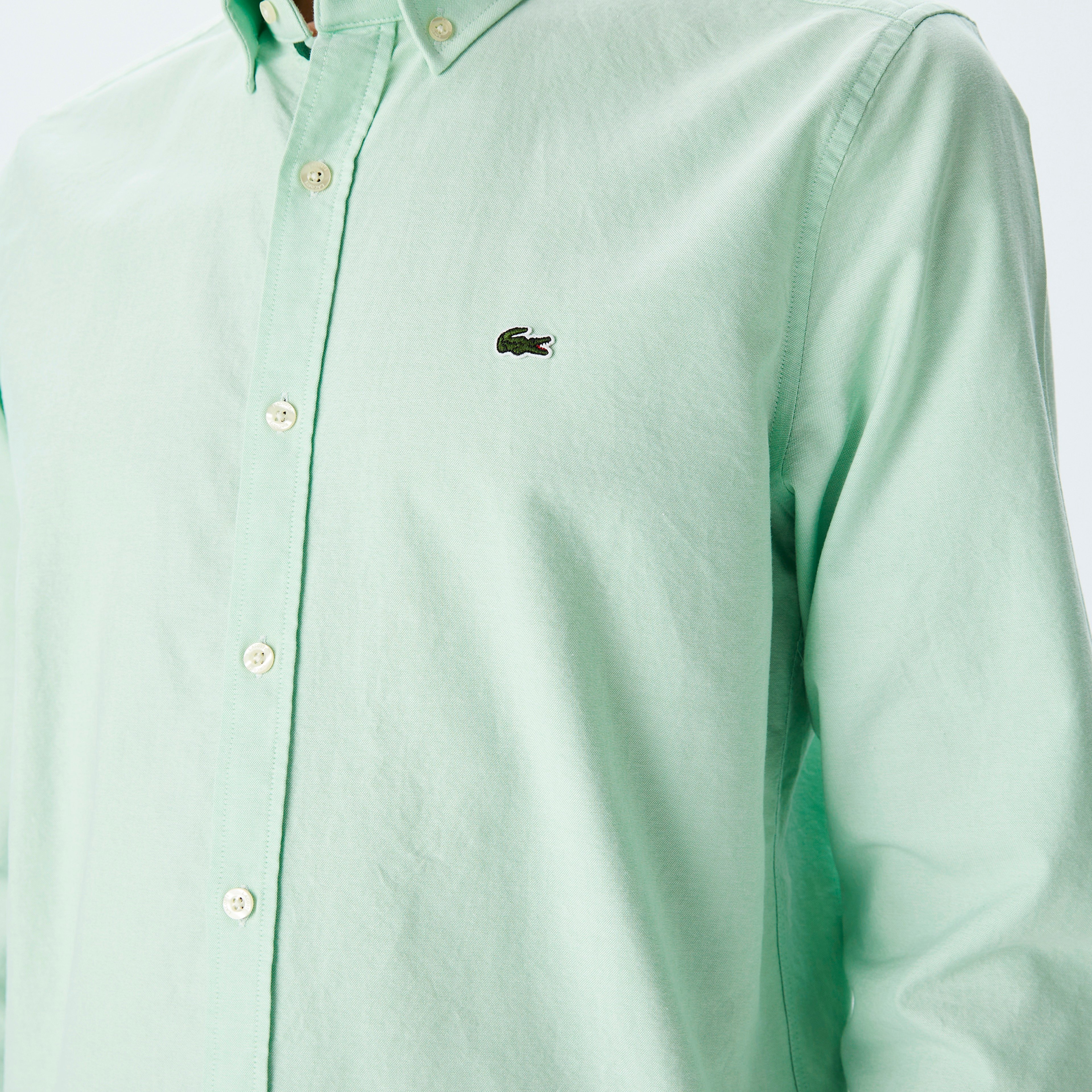 Erkek Slim Fit Düğmeli Yaka Açık Yeşil Gömlek