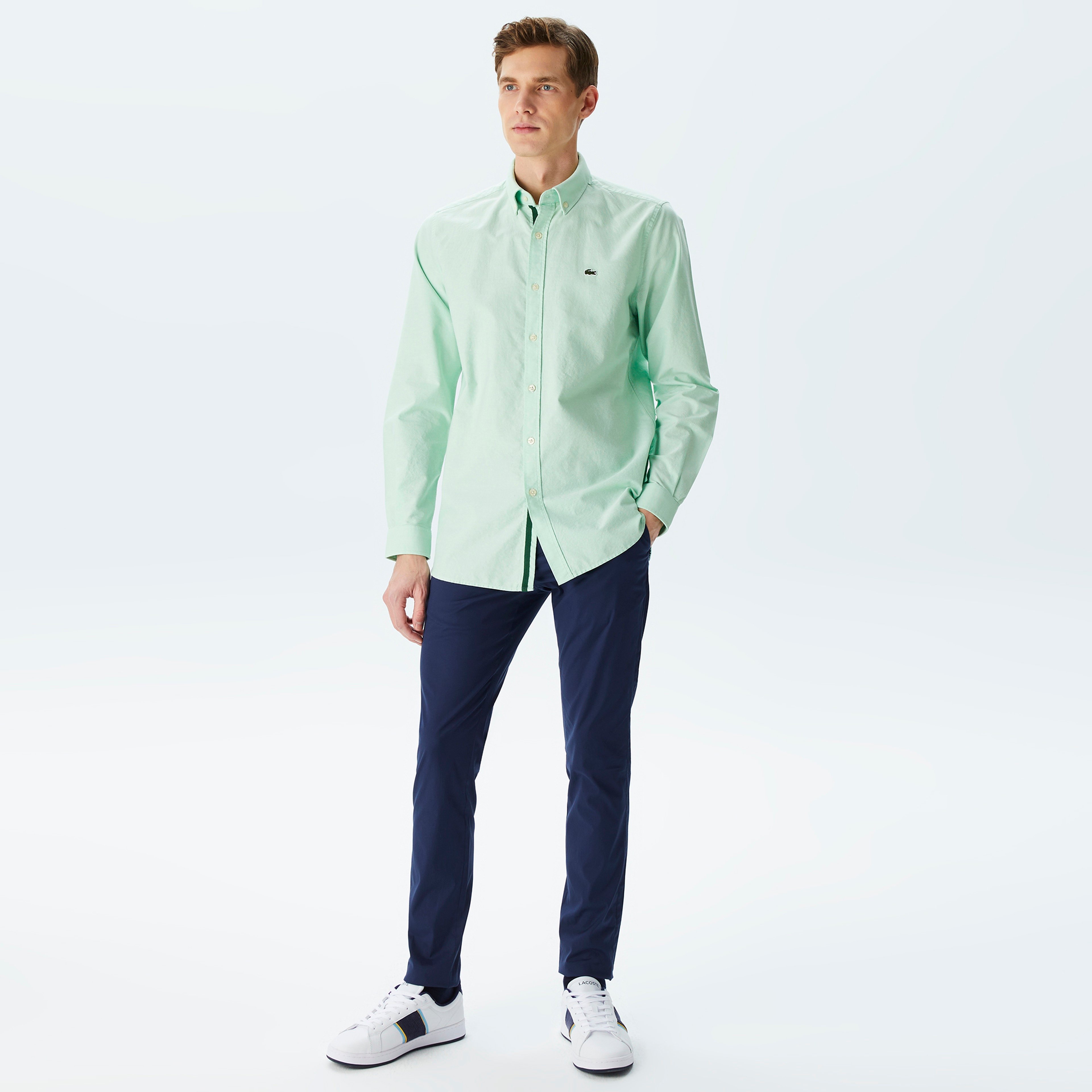 Erkek Slim Fit Düğmeli Yaka Açık Yeşil Gömlek