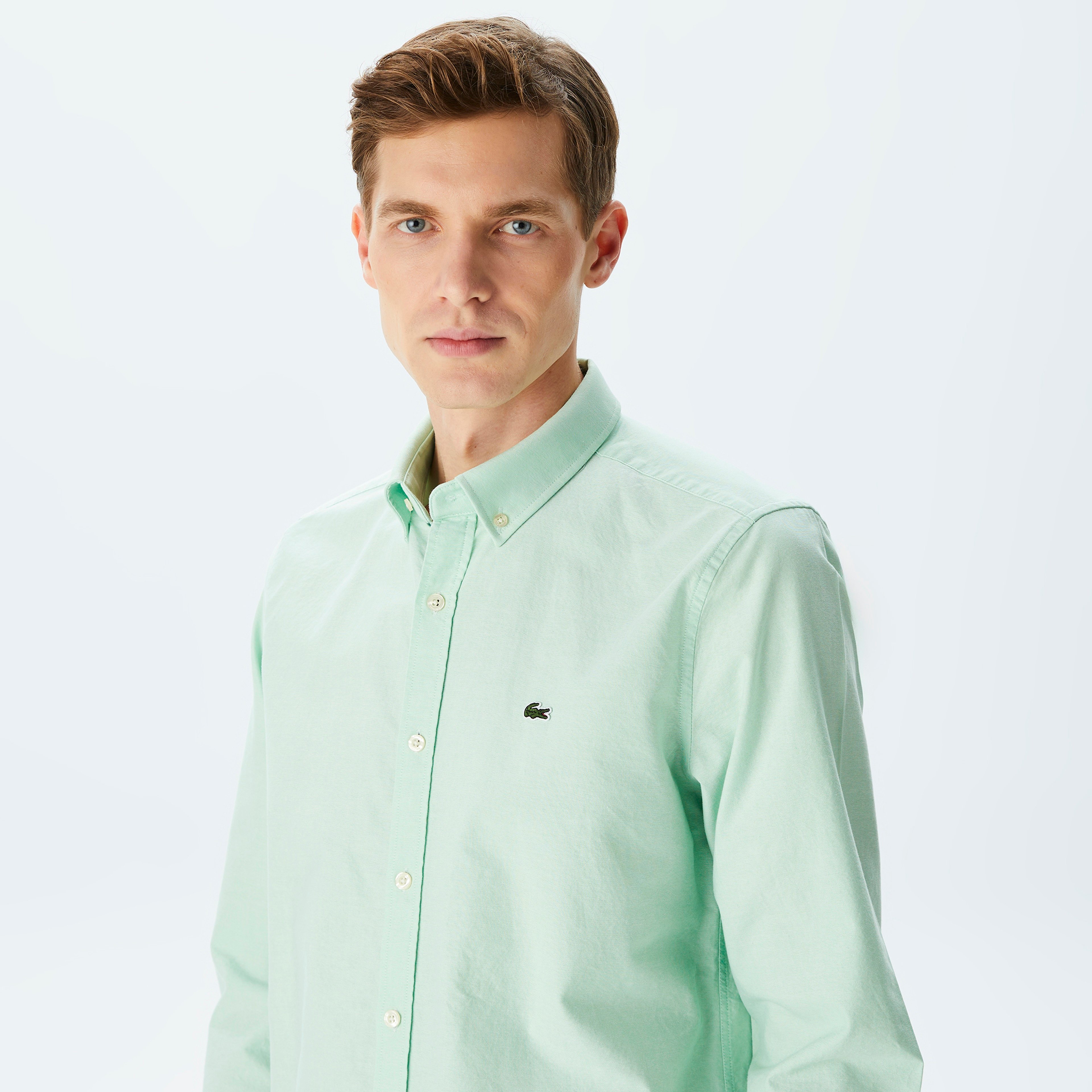 Erkek Slim Fit Düğmeli Yaka Açık Yeşil Gömlek