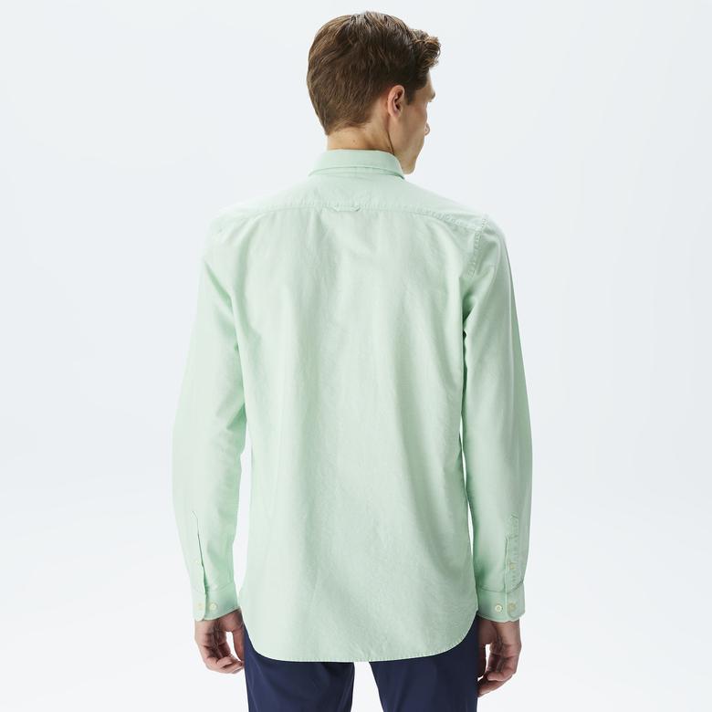 Erkek Slim Fit Düğmeli Yaka Açık Yeşil Gömlek