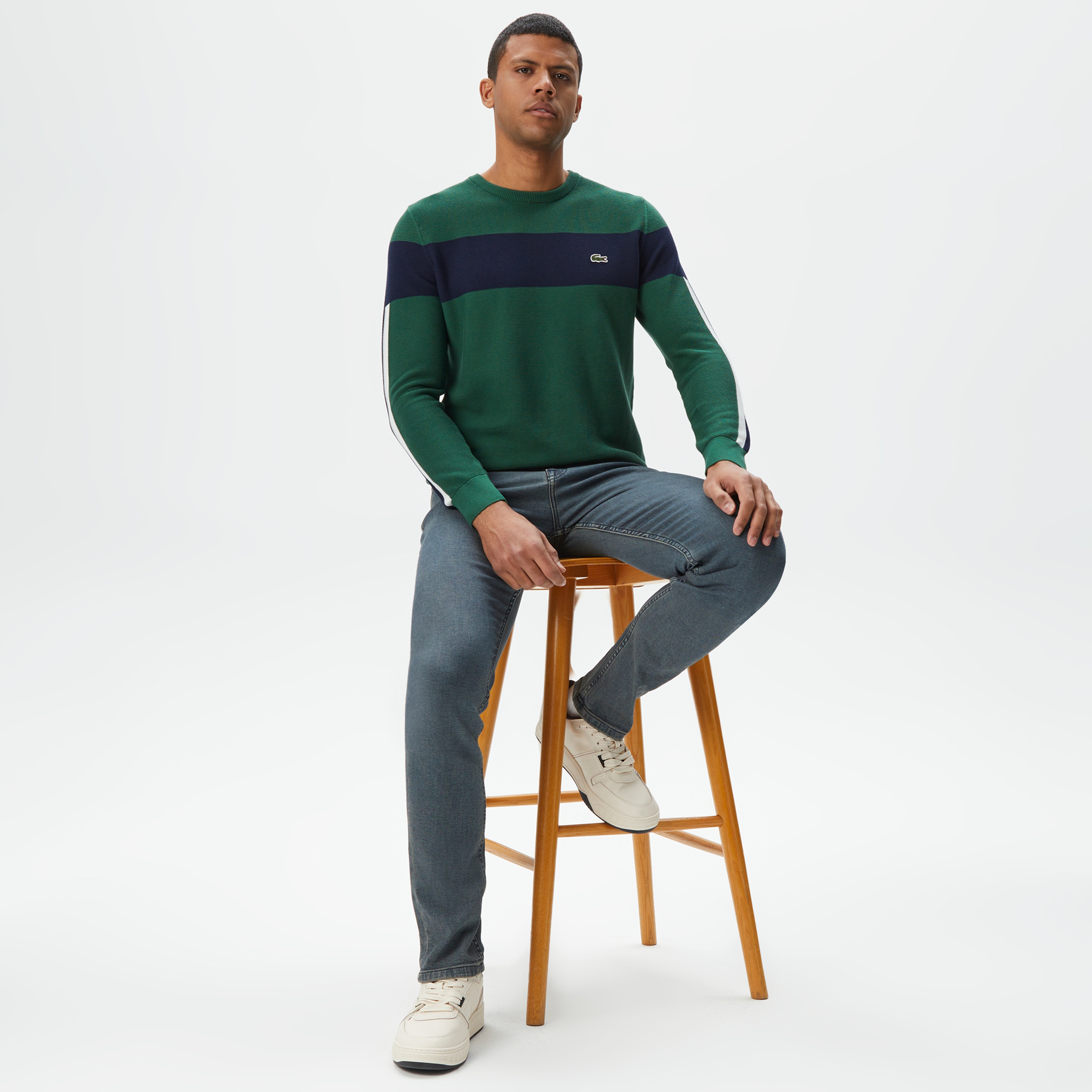 Erkek Regular Fit Bisiklet Yaka Renk Bloklu Yeşil Kazak