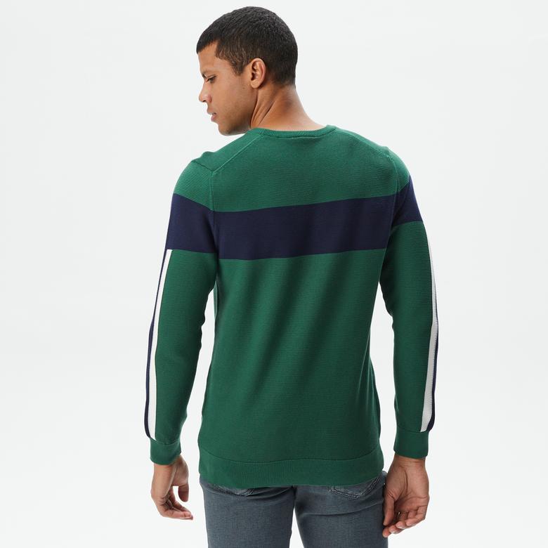 Erkek Regular Fit Bisiklet Yaka Renk Bloklu Yeşil Kazak