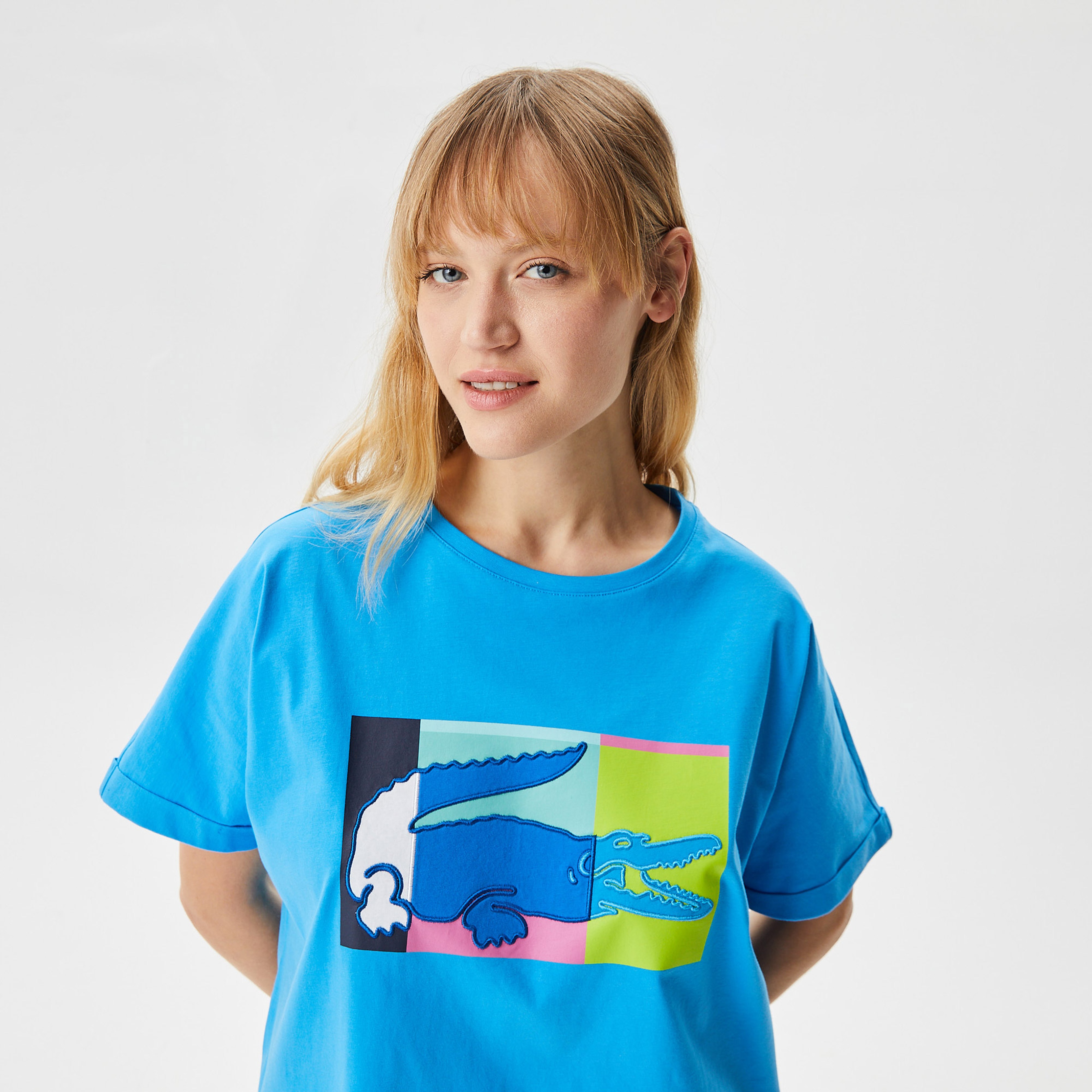 Kadın Loose Fit Bisiklet Yaka Baskılı Mavi T-Shirt