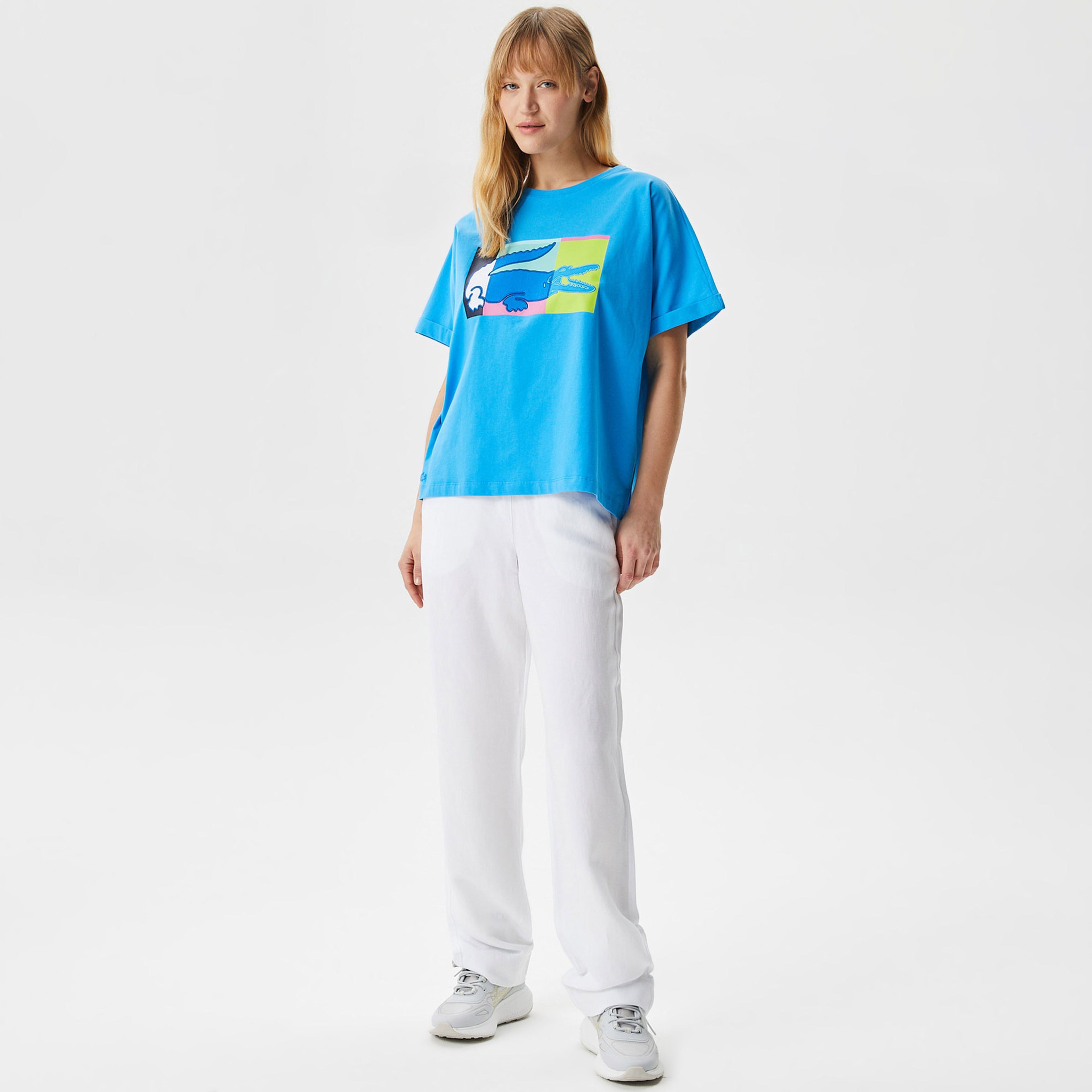 Kadın Loose Fit Bisiklet Yaka Baskılı Mavi T-Shirt