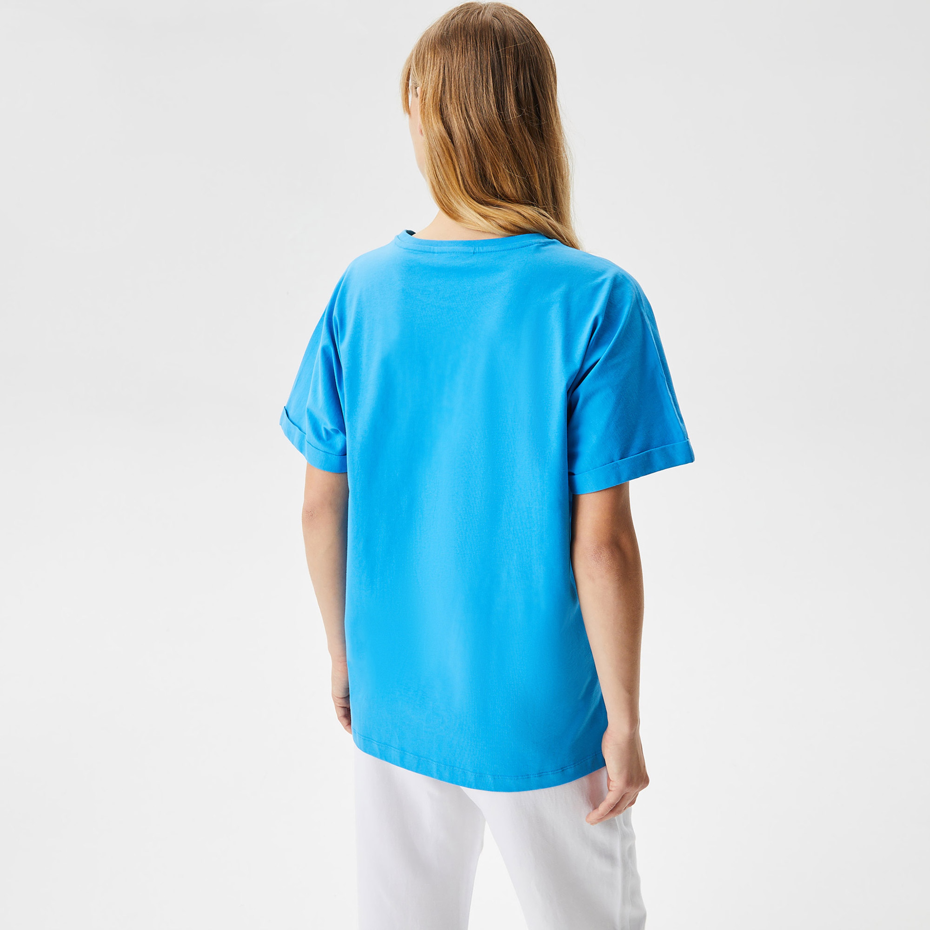 Kadın Loose Fit Bisiklet Yaka Baskılı Mavi T-Shirt