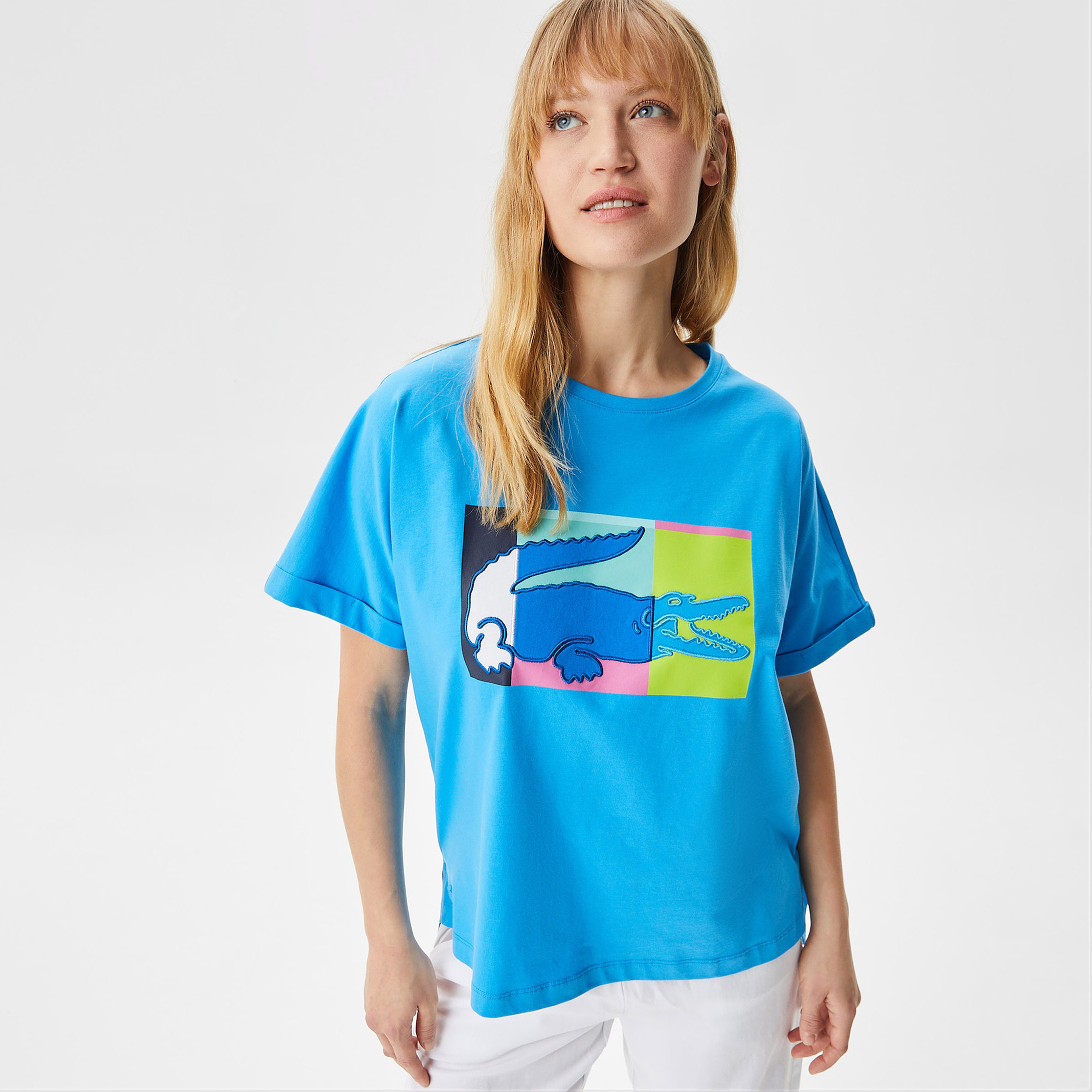 Kadın Loose Fit Bisiklet Yaka Baskılı Mavi T-Shirt