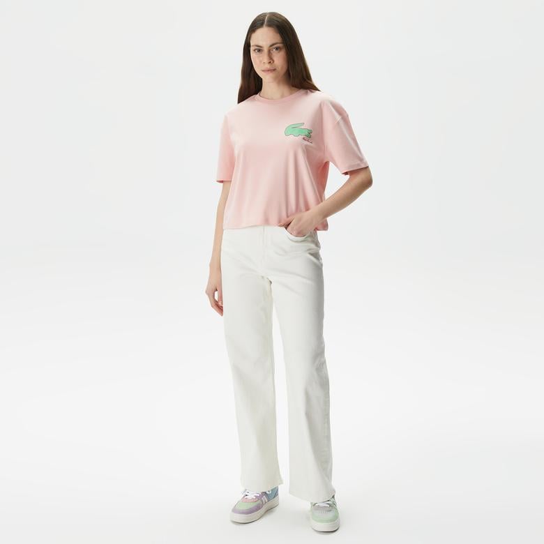 Kadın Loose Fit Bisiklet Yaka Baskılı Organik Pamuk Pembe T-Shirt