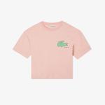 Kadın Loose Fit Bisiklet Yaka Baskılı Organik Pamuk Pembe T-Shirt