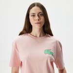 Kadın Loose Fit Bisiklet Yaka Baskılı Organik Pamuk Pembe T-Shirt
