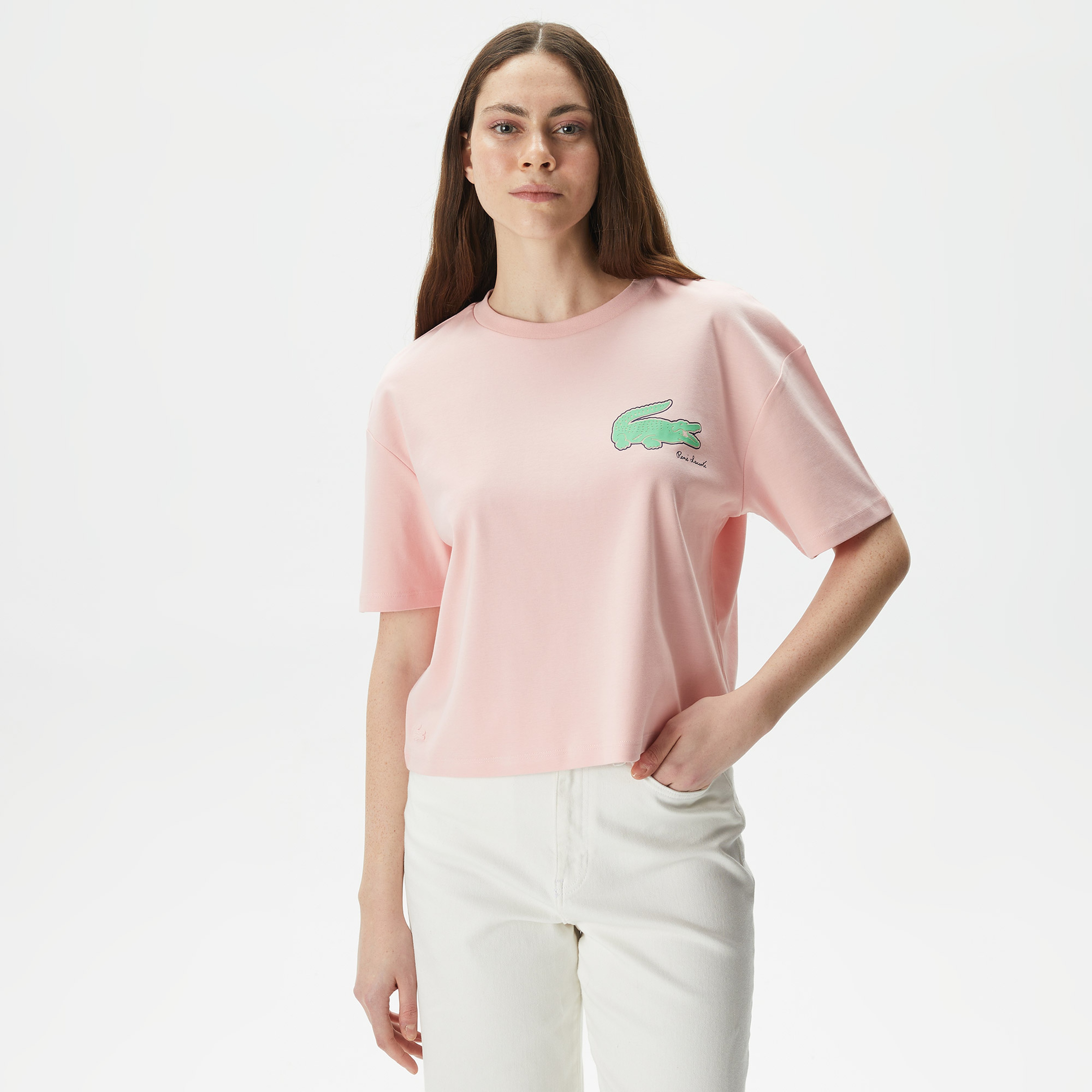 Kadın Loose Fit Bisiklet Yaka Baskılı Organik Pamuk Pembe T-Shirt