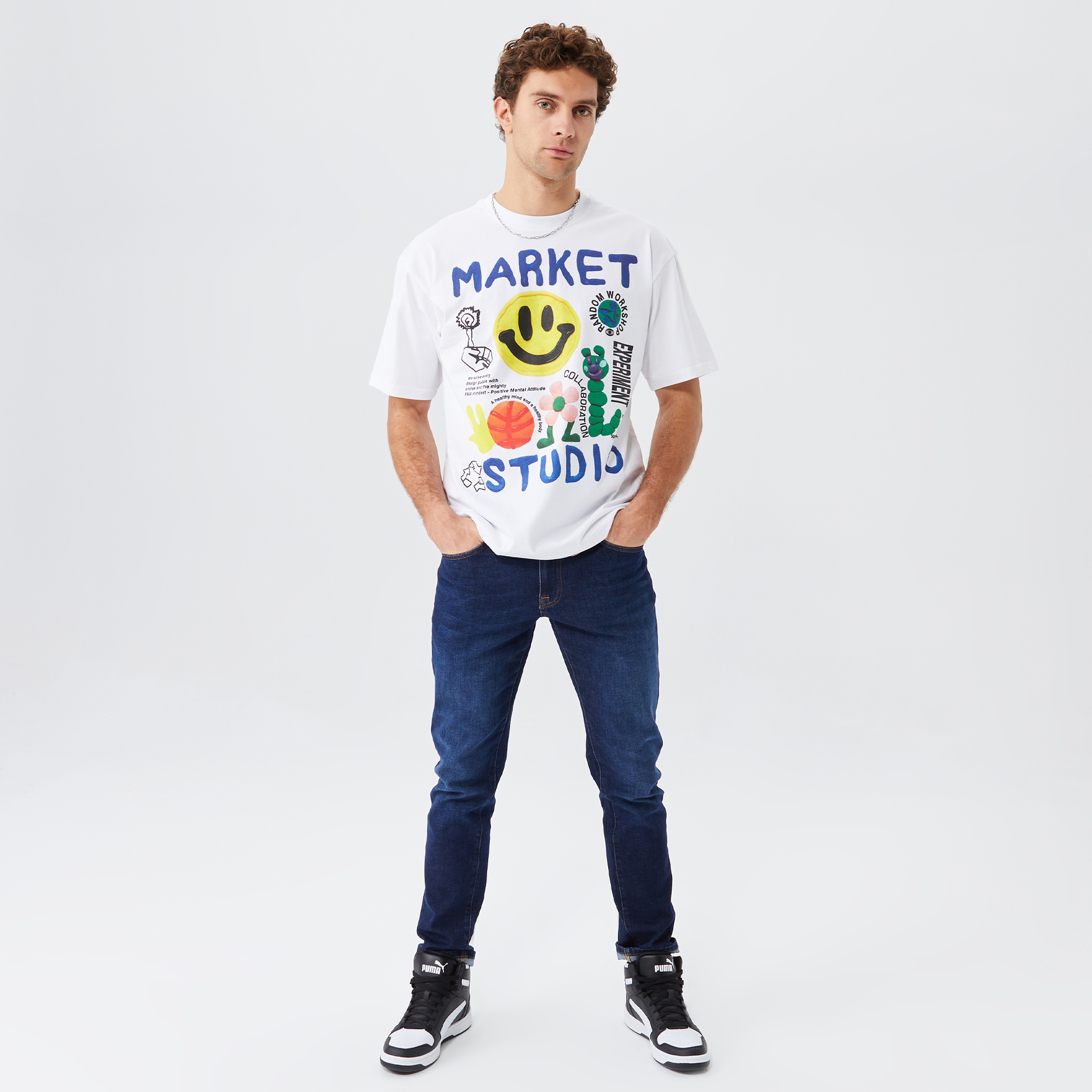 Market Smiley Collage Erkek Beyaz T-Shirt