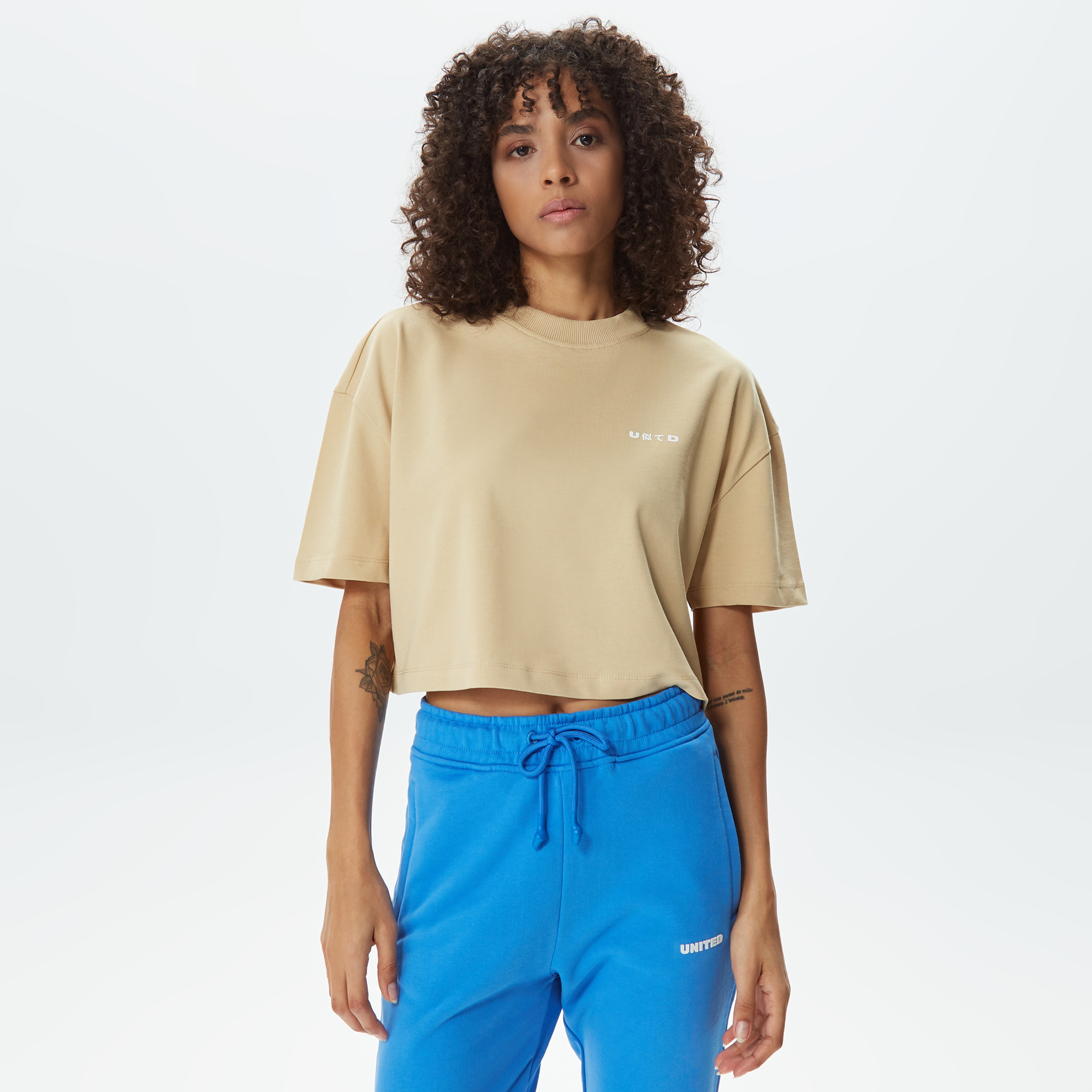 UNITED4 Kadın Bej Crop T-Shirt