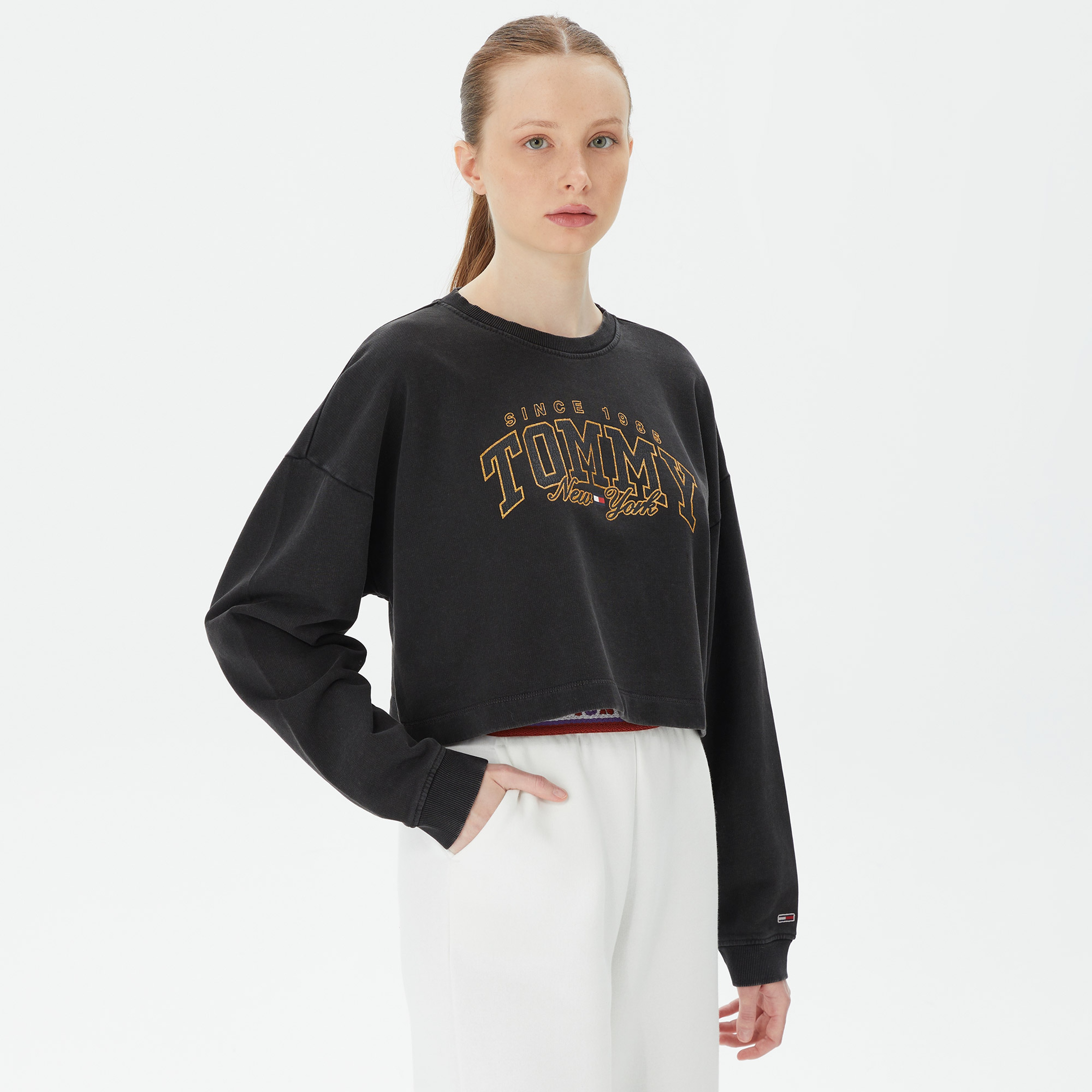 Tommy Hilfiger  Crop Luxe Varsity Crew Kadın Siyah Sweatshirt