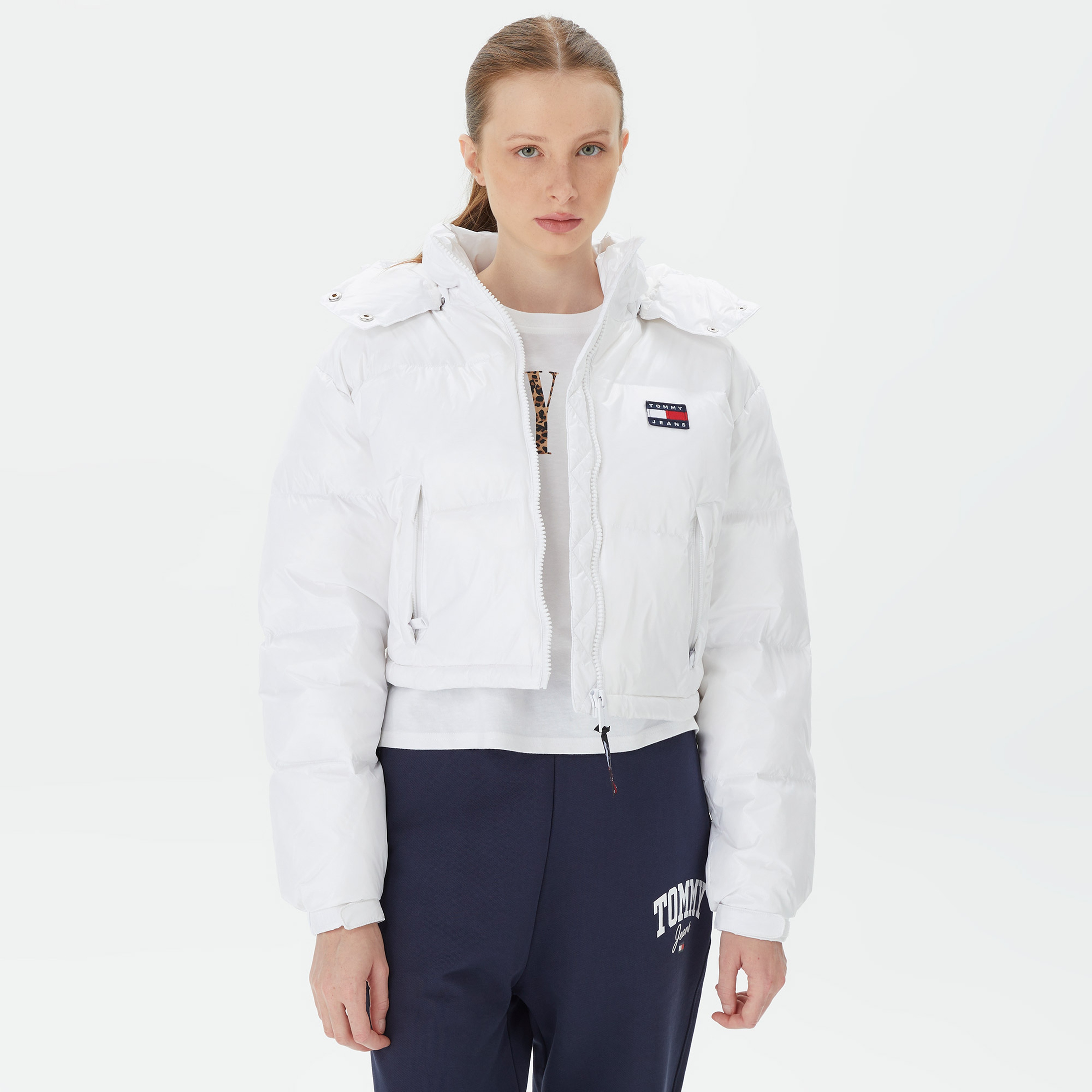Tommy Hilfiger Crop Alaska Puffer Kadın Beyaz Mont