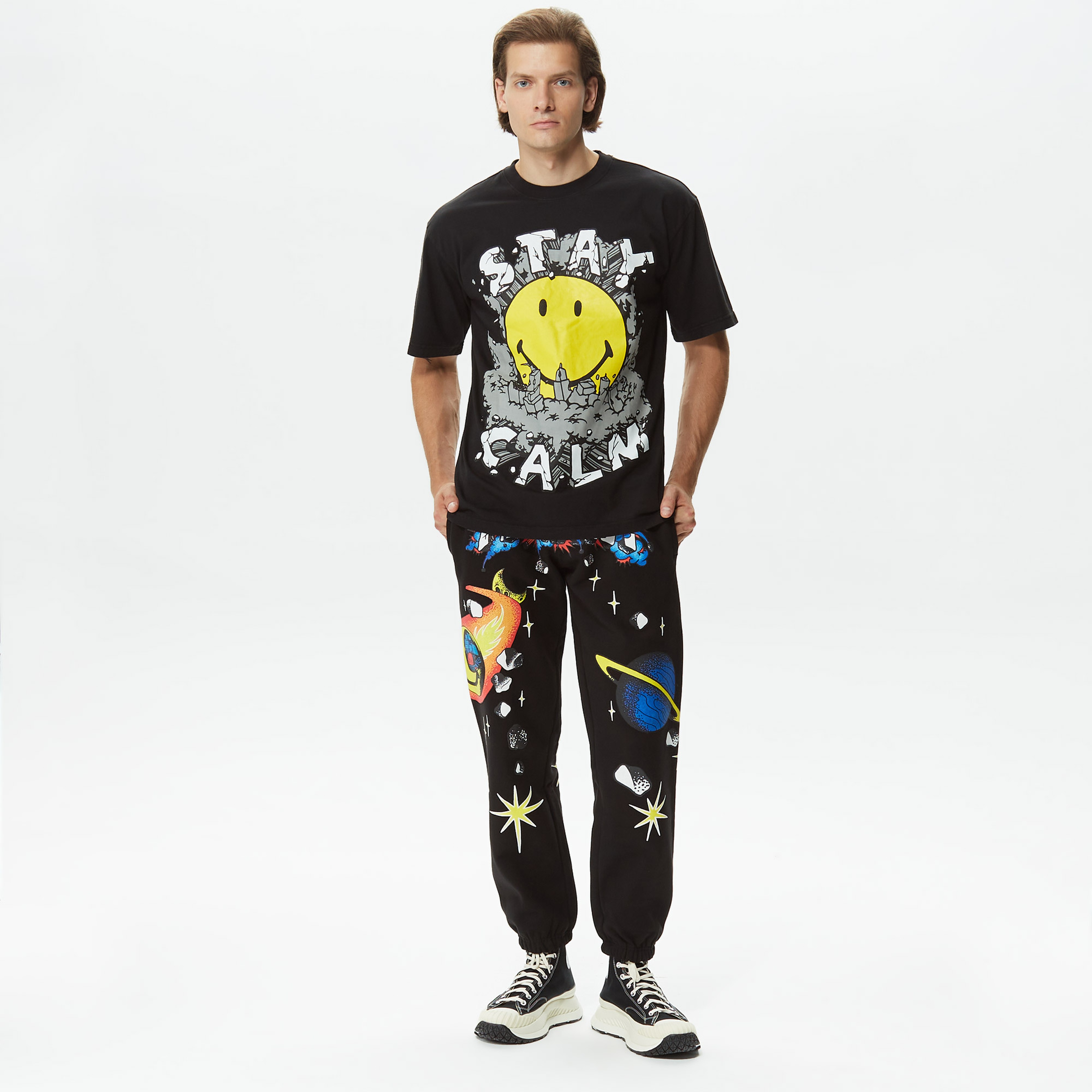 Market Smiley Stay Calm Erkek Siyah T-Shirt