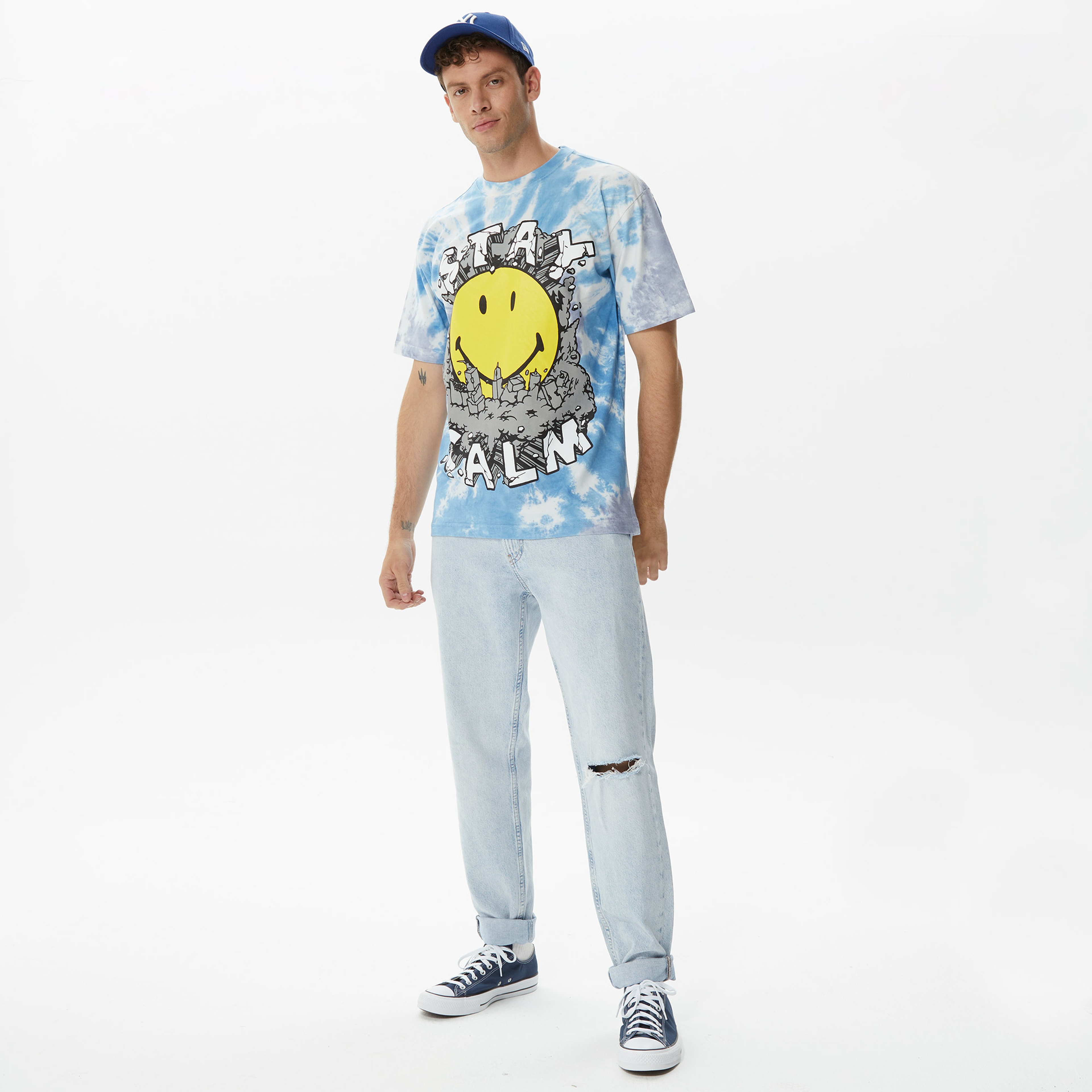 Market Smiley Stay Calm Tie-Dye Erkek Mavi T-Shirt