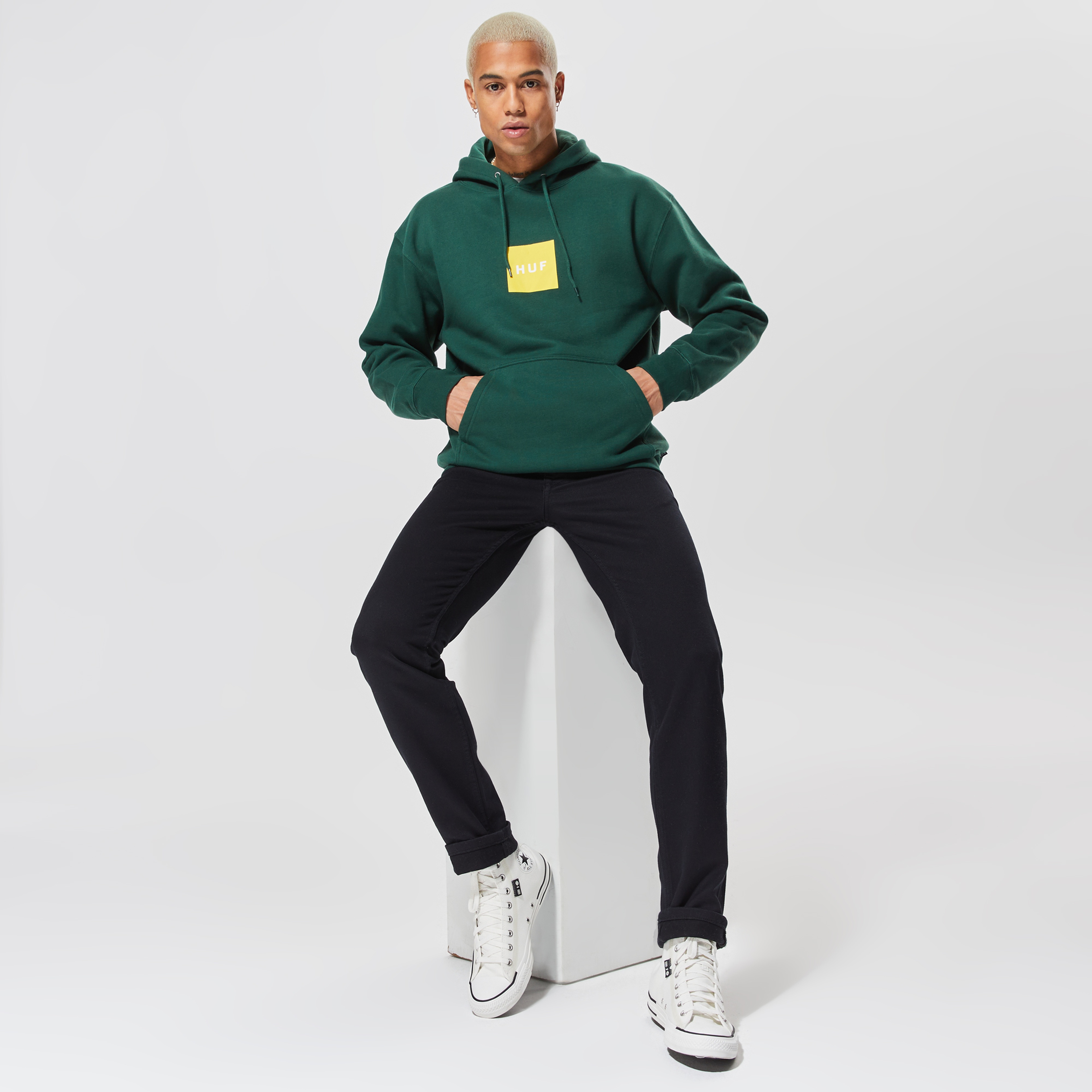 Huf Essentials Box Logo Erkek Yeşil Hoodie