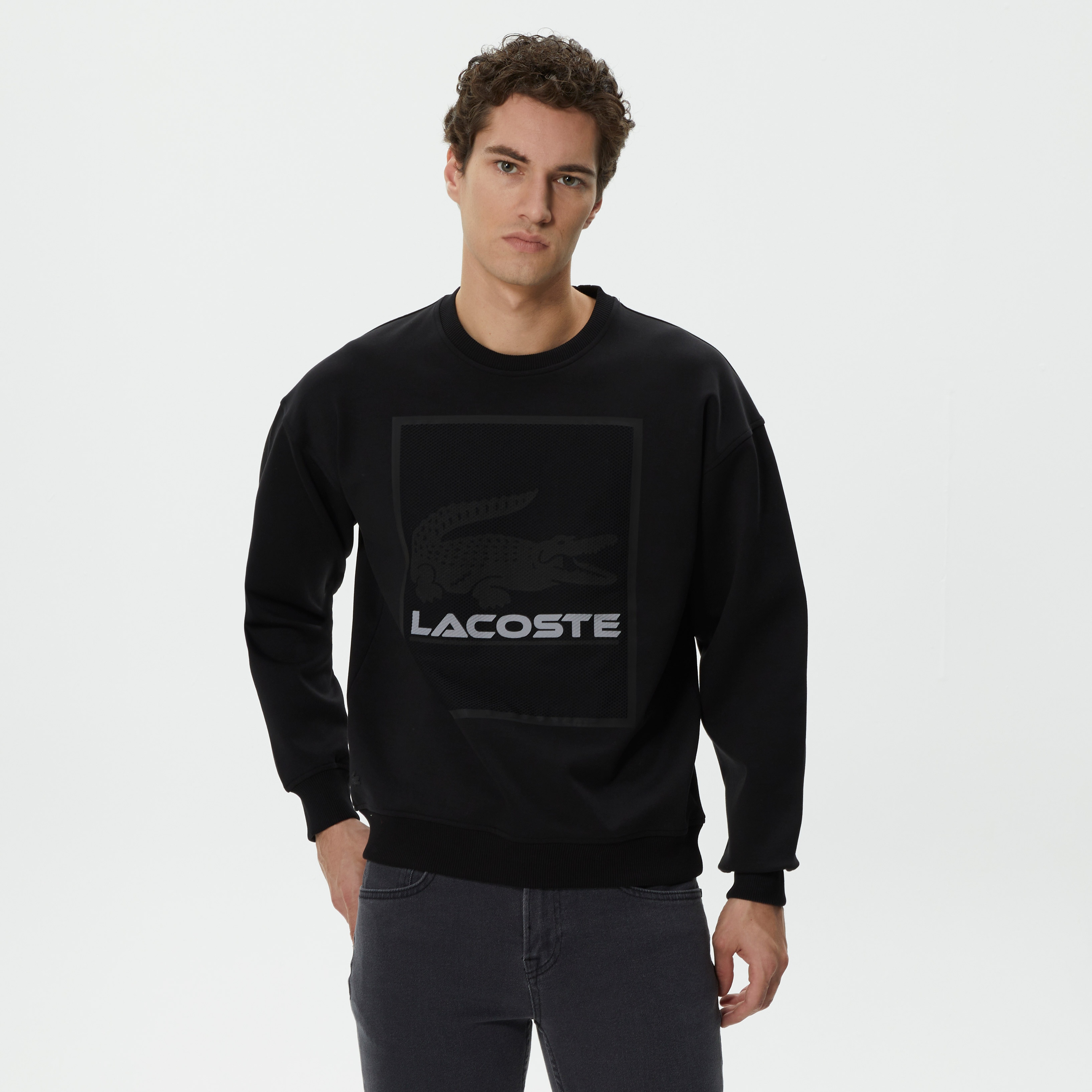 Erkek Relaxed Fit Bisiklet Yaka Baskılı Siyah Sweatshirt