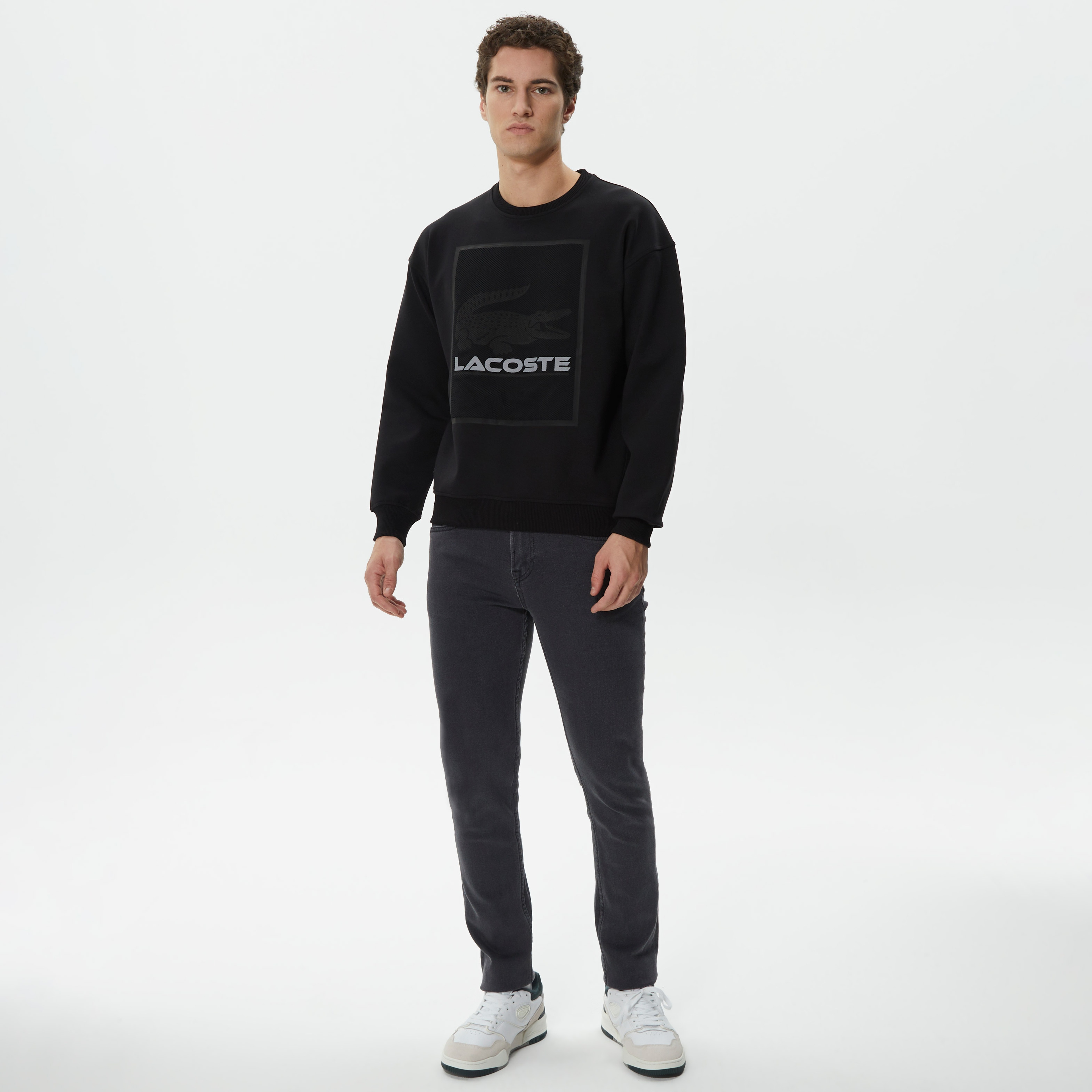 Erkek Relaxed Fit Bisiklet Yaka Baskılı Siyah Sweatshirt