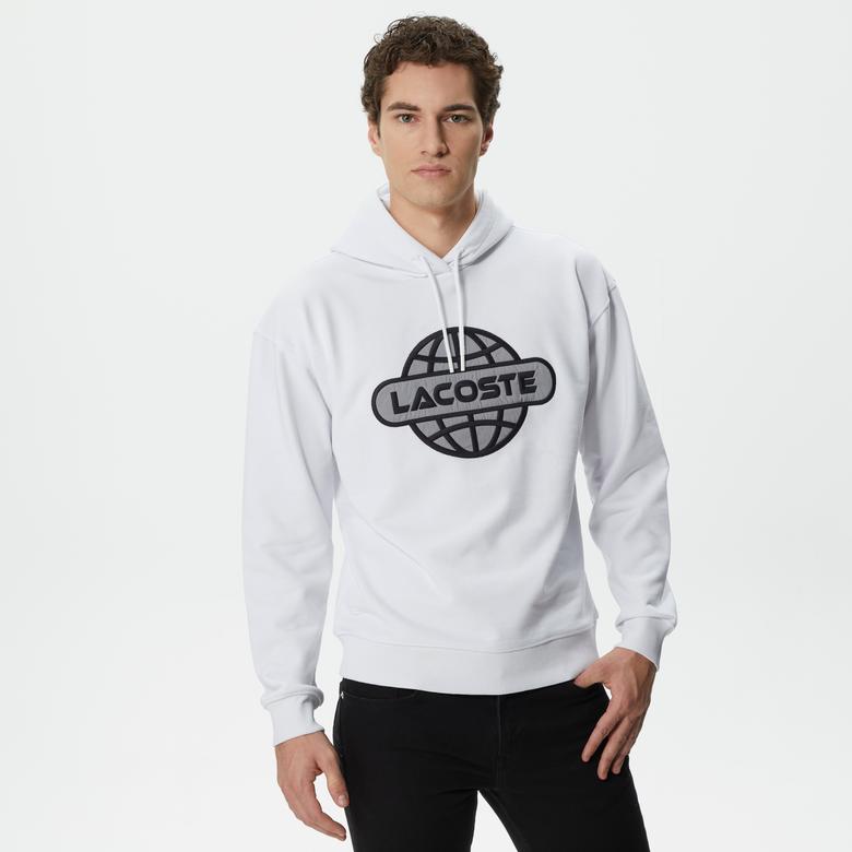 Erkek Relaxed Fit Kapüşonlu Baskılı Beyaz Sweatshirt