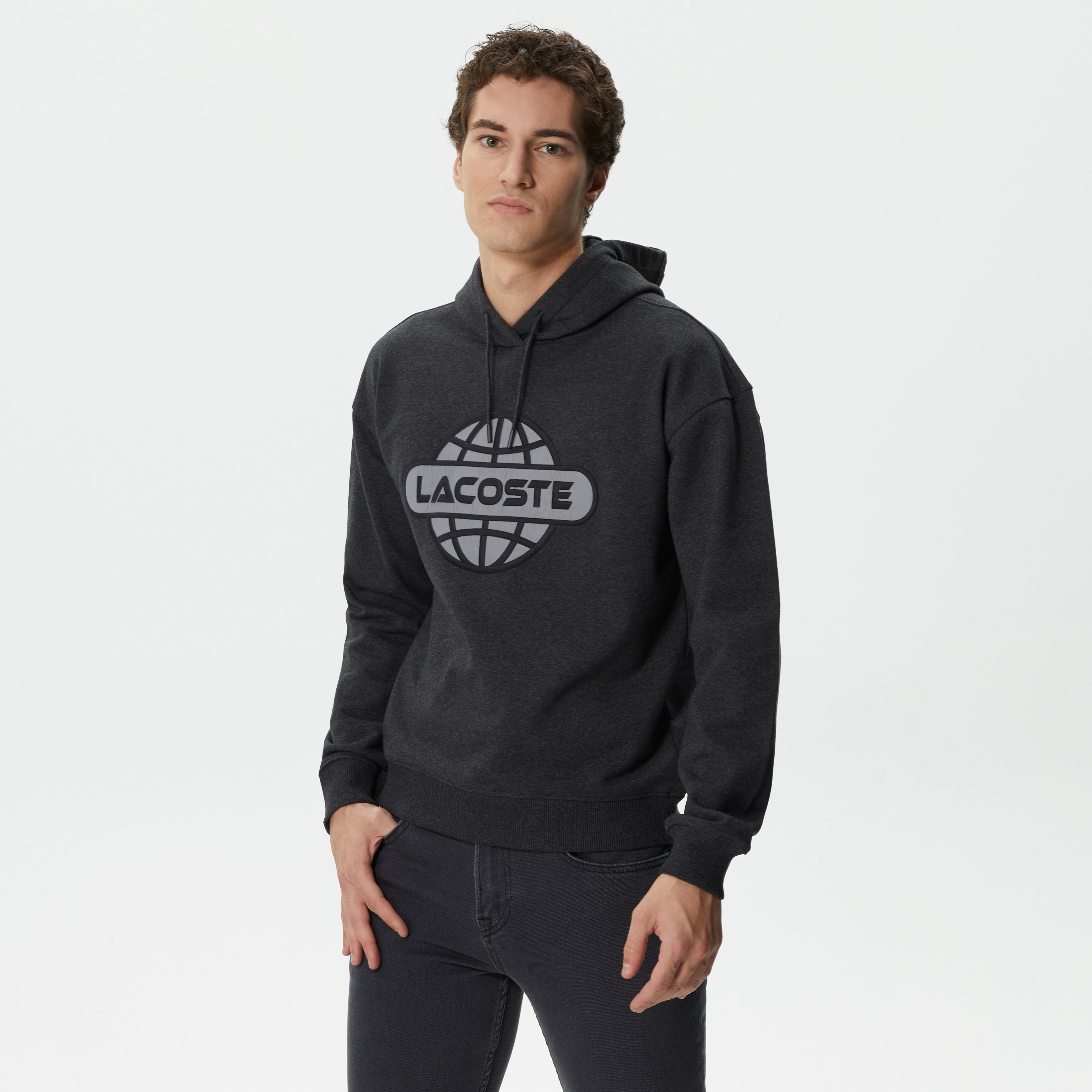 Lacoste Erkek Relaxed Fit Kapüşonlu Baskılı Gri Sweatshirt