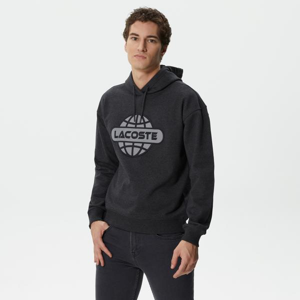 Erkek Relaxed Fit Kapüşonlu Baskılı Gri Sweatshirt