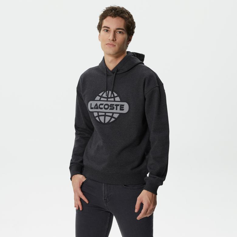 Erkek Relaxed Fit Kapüşonlu Baskılı Gri Sweatshirt