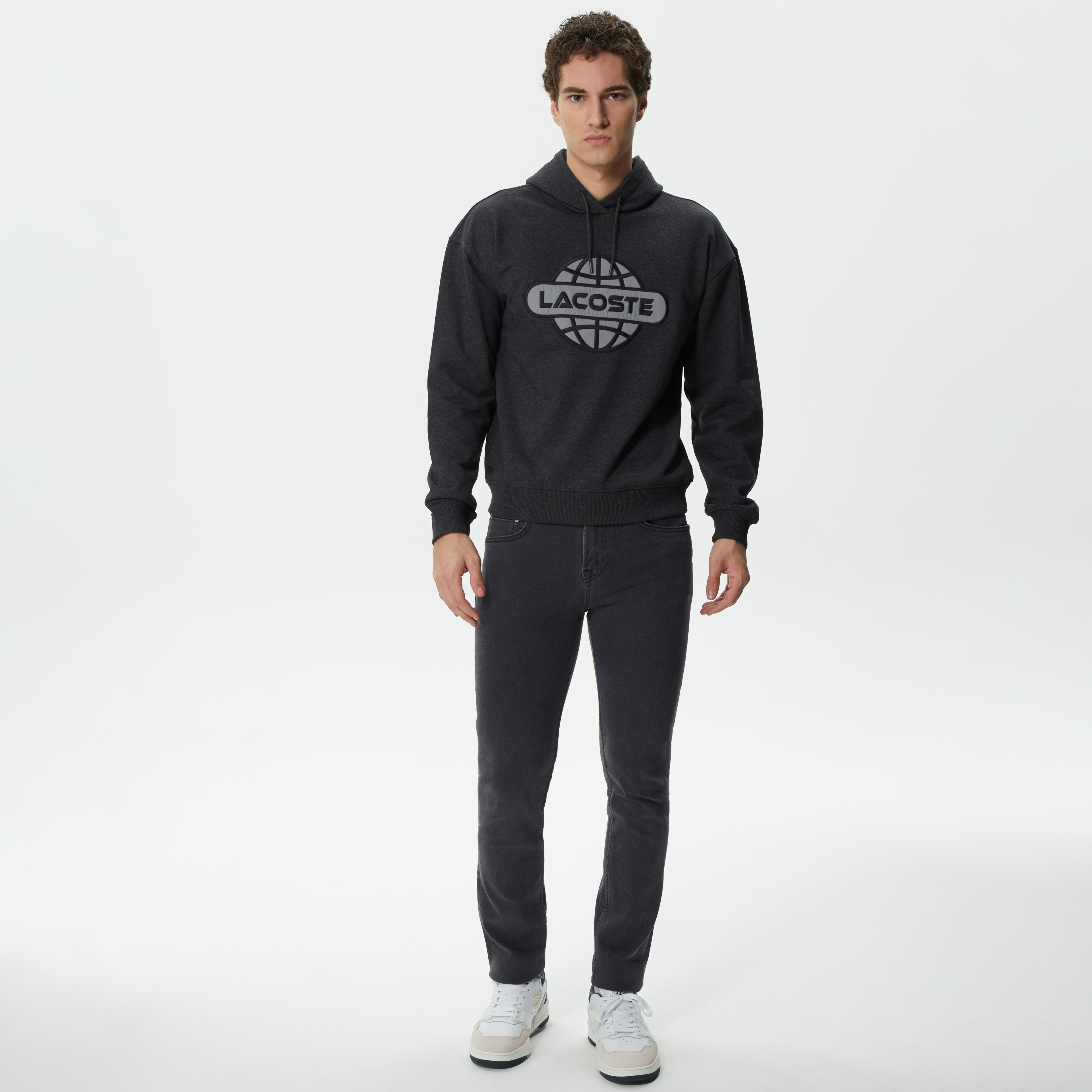 Lacoste Erkek Relaxed Fit Kapüşonlu Baskılı Gri Sweatshirt