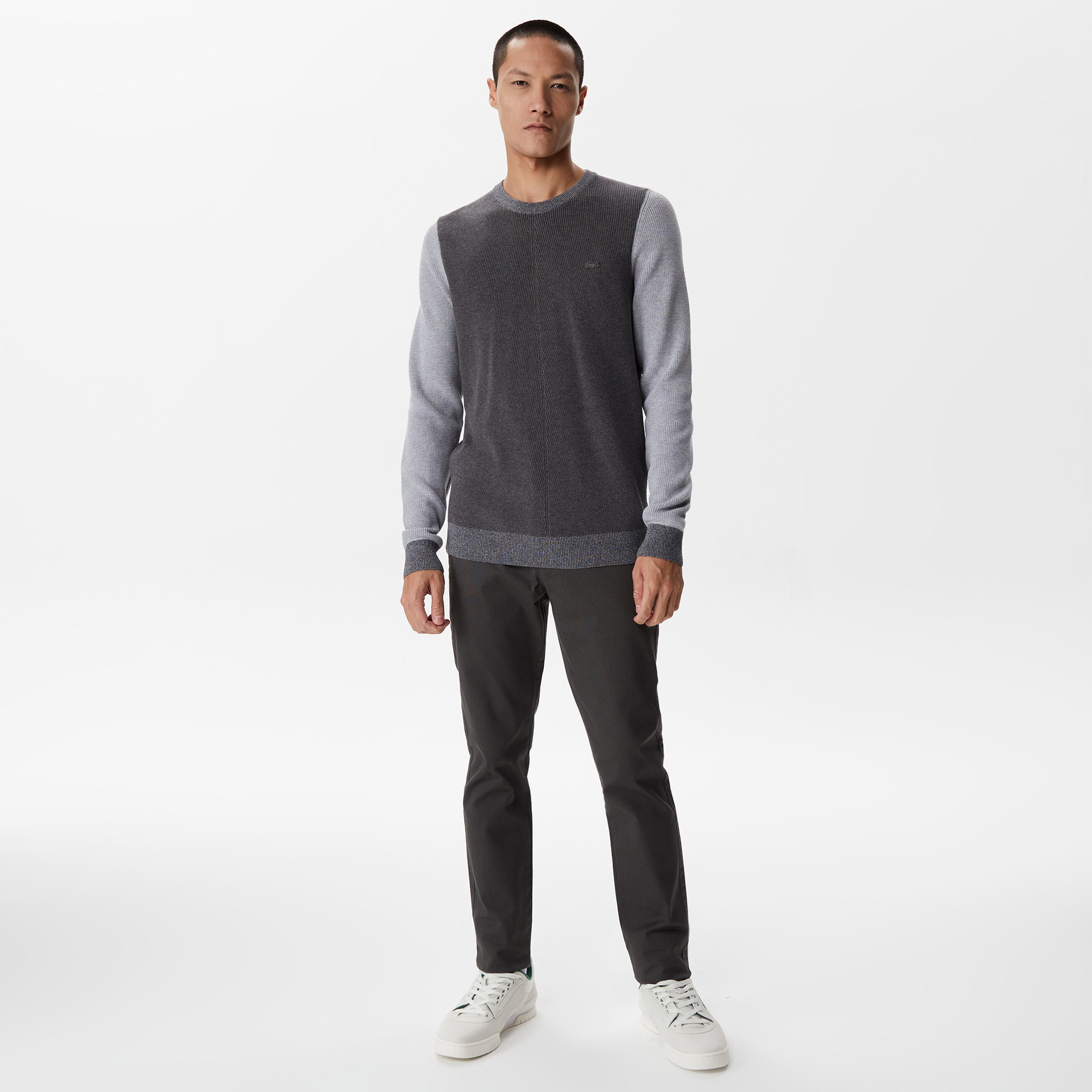 Erkek Regular Fit Uzun Kollu Bisiklet Yaka Renk Bloklu Koyu Gri Triko