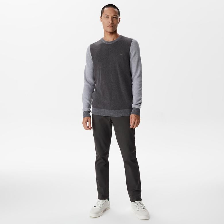 Erkek Regular Fit Uzun Kollu Bisiklet Yaka Renk Bloklu Koyu Gri Triko