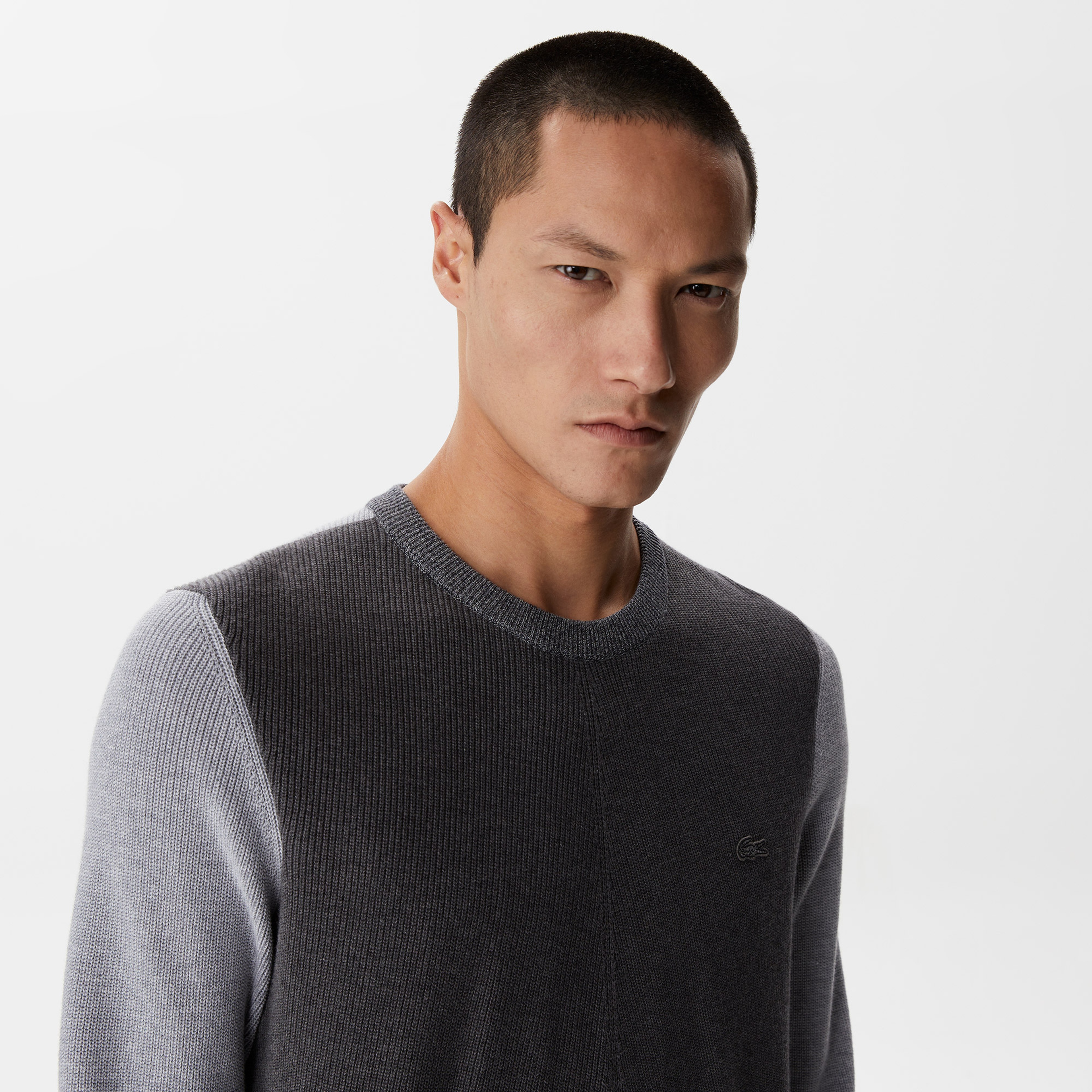 Erkek Regular Fit Uzun Kollu Bisiklet Yaka Renk Bloklu Koyu Gri Triko