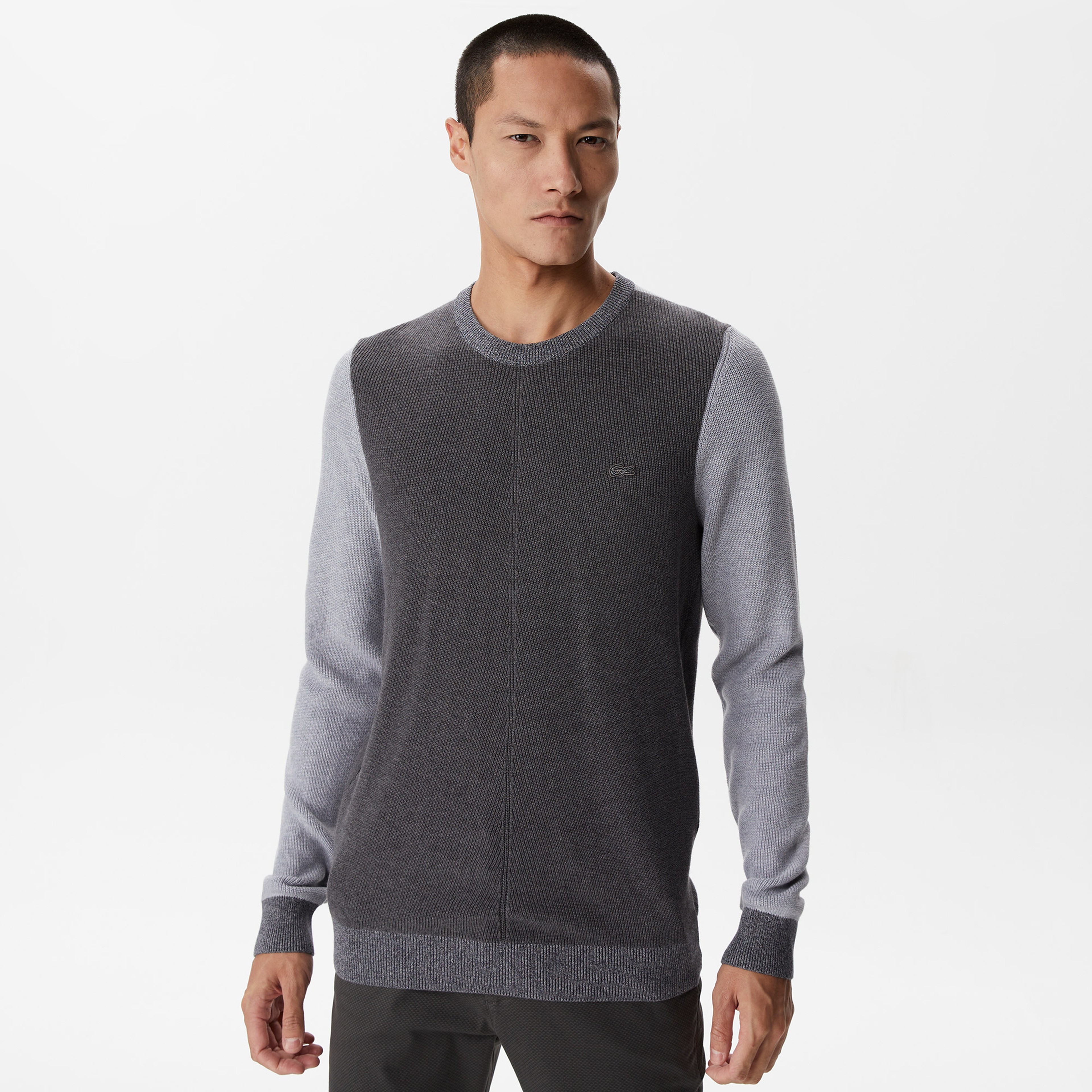 Erkek Regular Fit Uzun Kollu Bisiklet Yaka Renk Bloklu Koyu Gri Triko