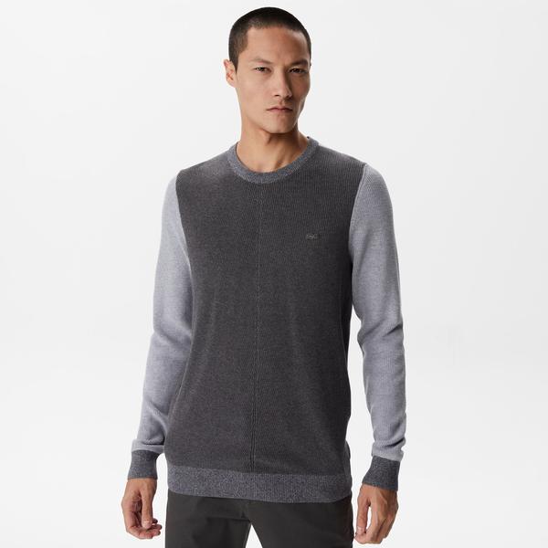 Erkek Regular Fit Uzun Kollu Bisiklet Yaka Renk Bloklu Koyu Gri Triko