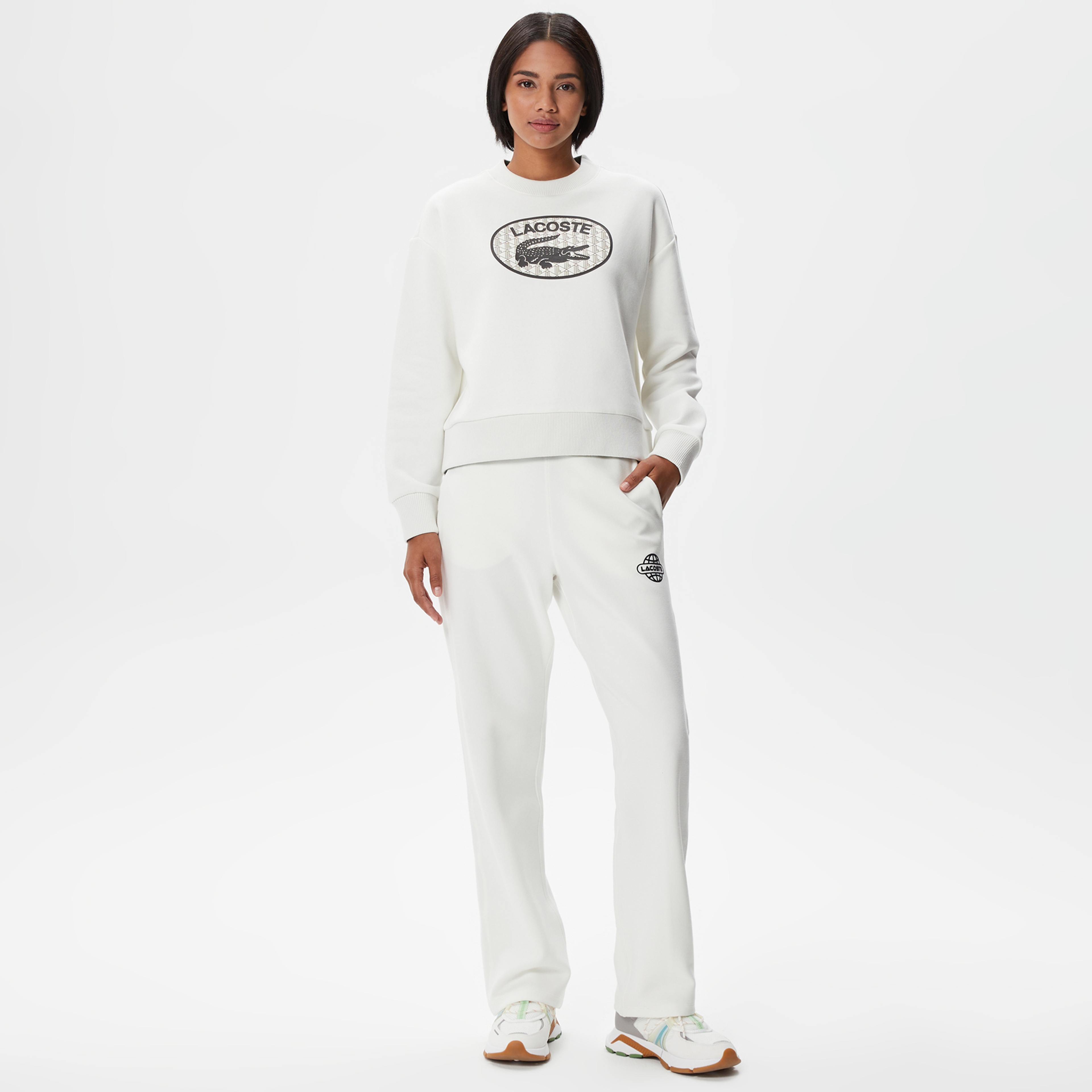 Kadın Crop Fit Bisiklet Yaka Baskılı Beyaz Sweatshirt