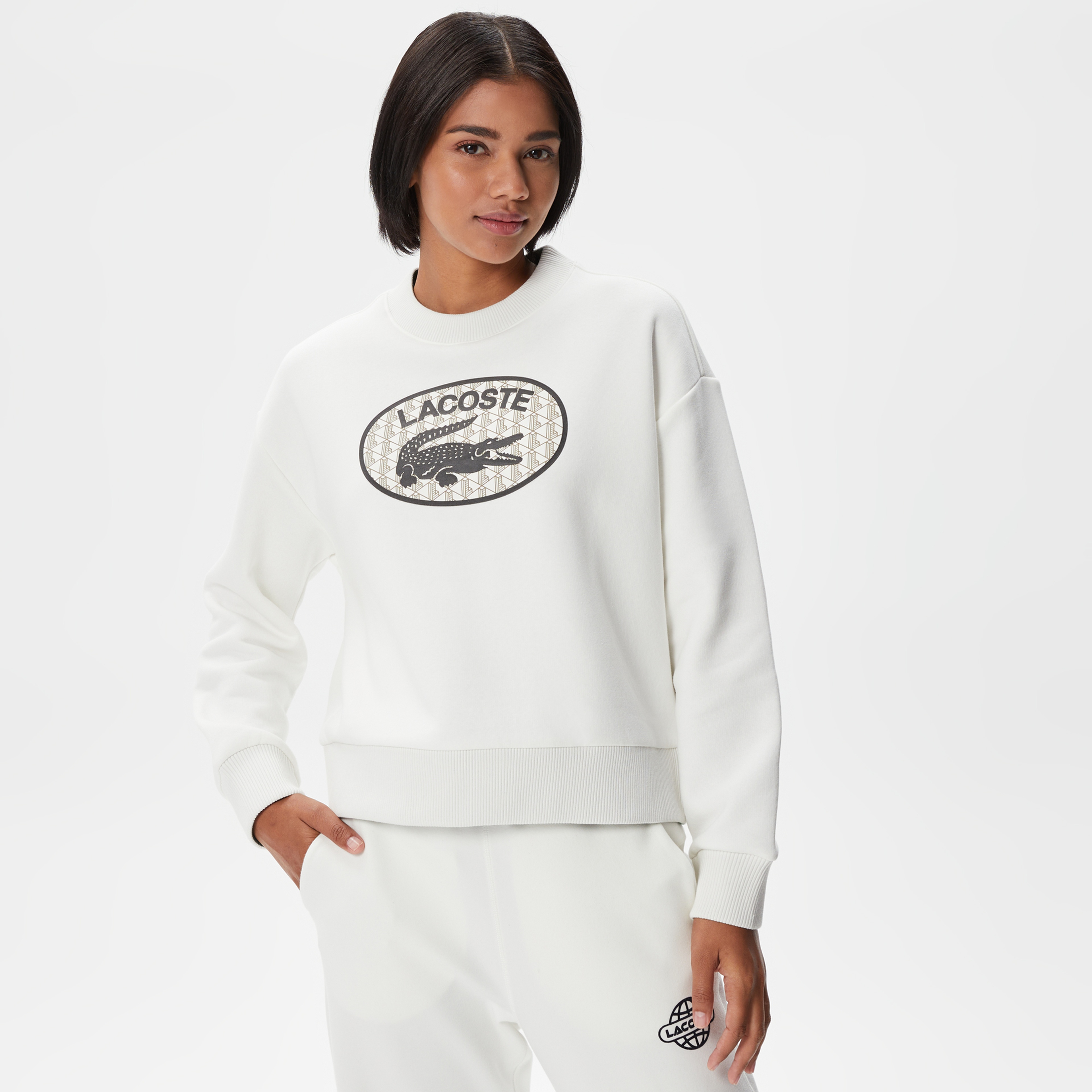 Kadın Crop Fit Bisiklet Yaka Baskılı Beyaz Sweatshirt