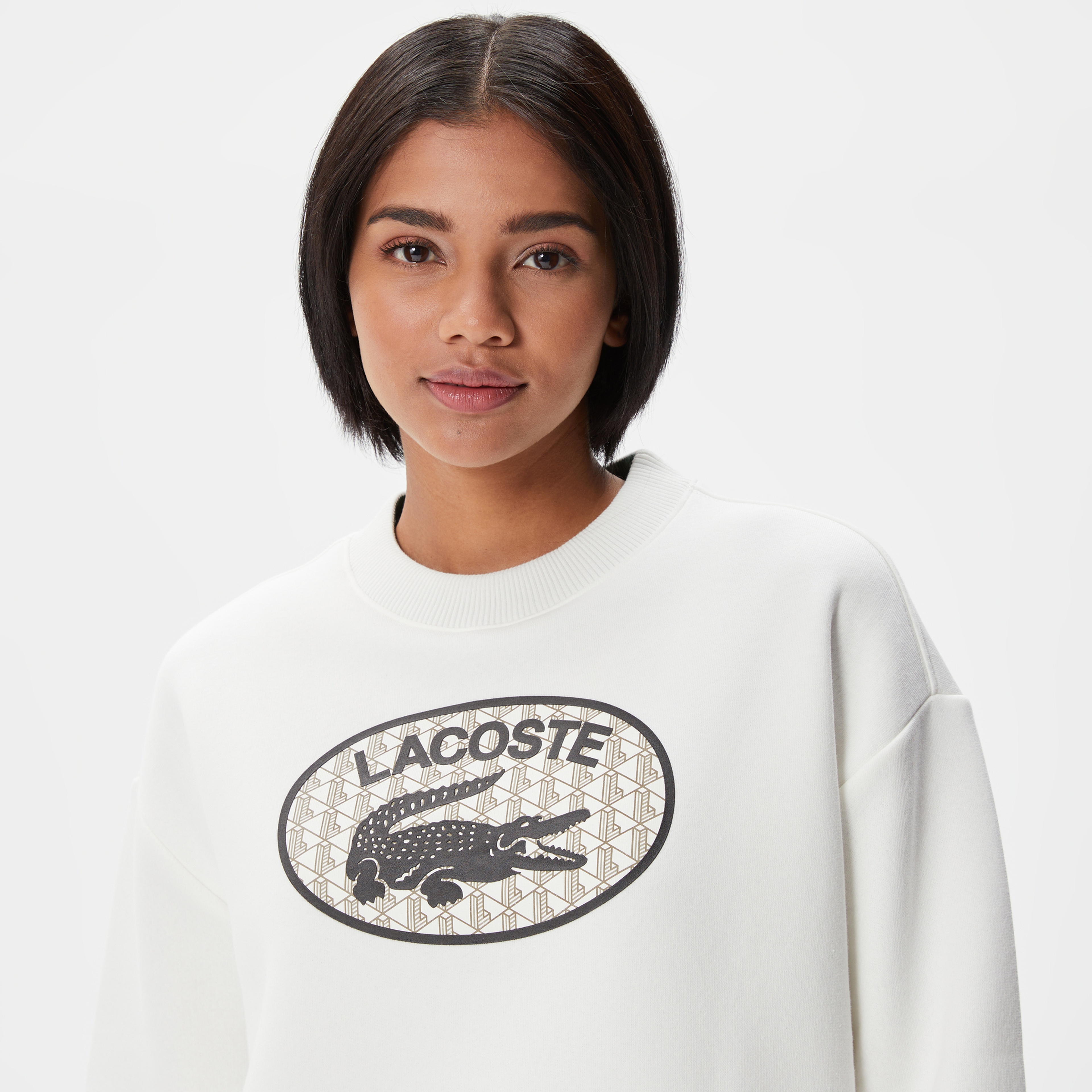 Kadın Crop Fit Bisiklet Yaka Baskılı Beyaz Sweatshirt