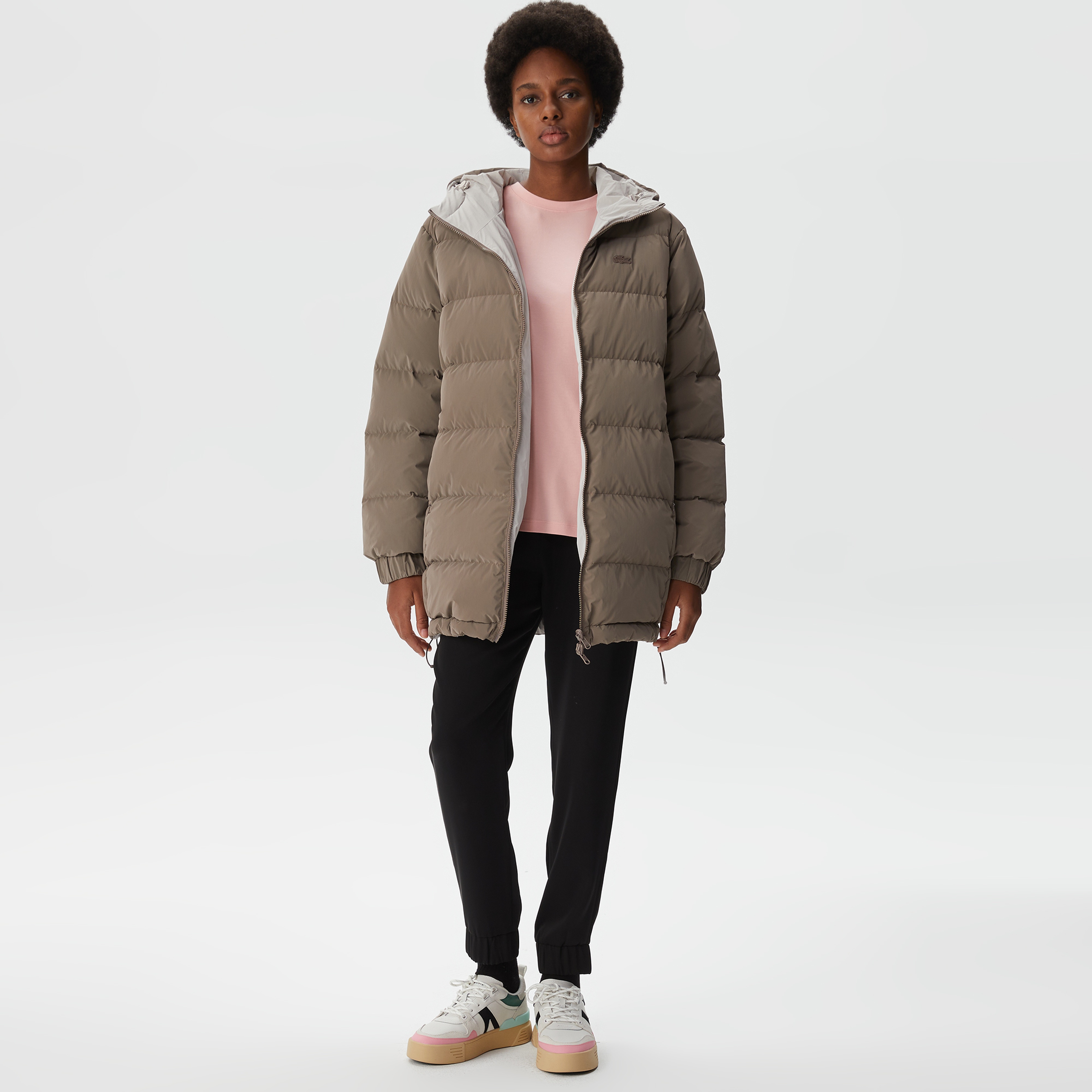 Kadın Kapüşonlu Çift Taraflı Beyaz Şişme Mont