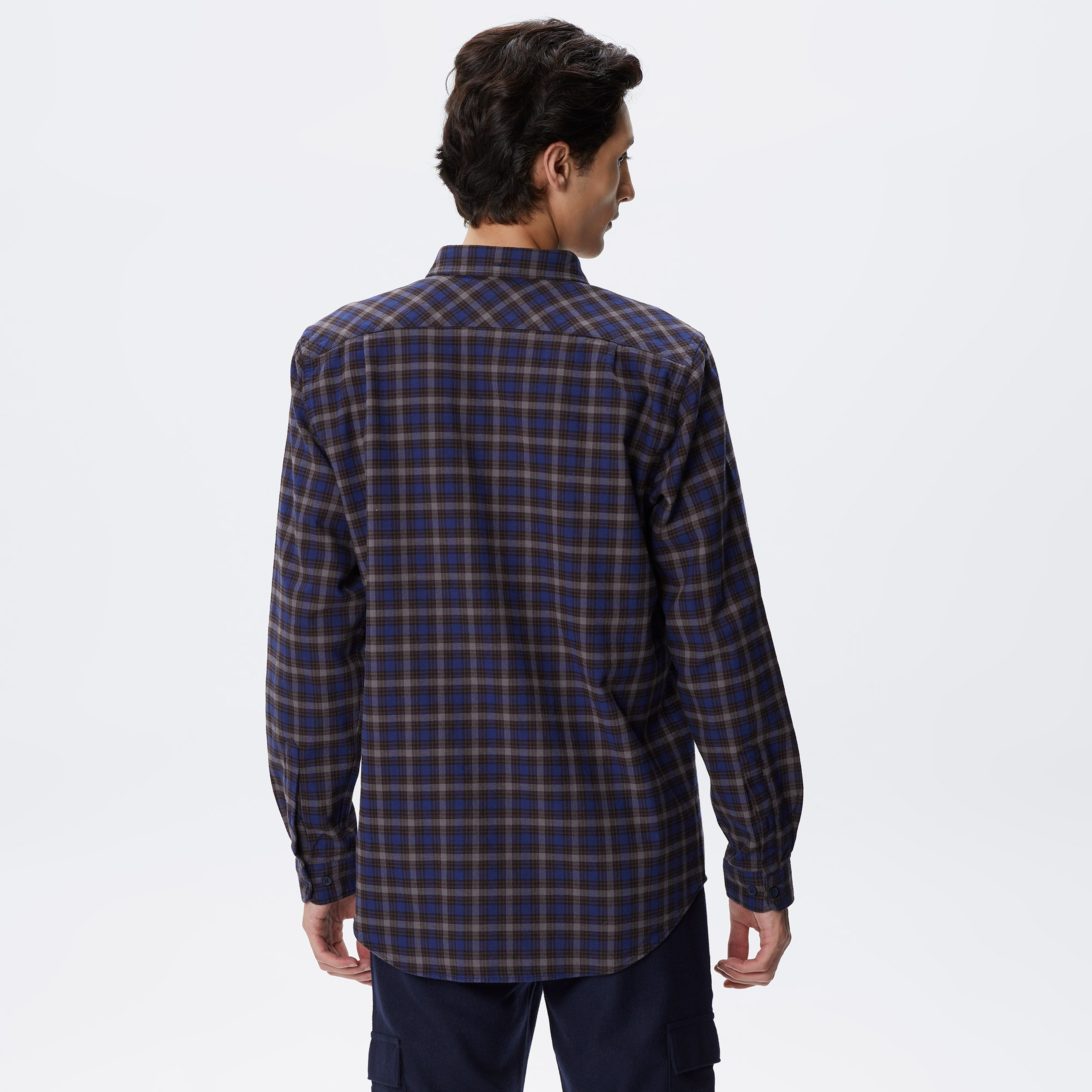 Erkek Regular Fit Düğmeli Yaka Ekose Lacivert Gömlek