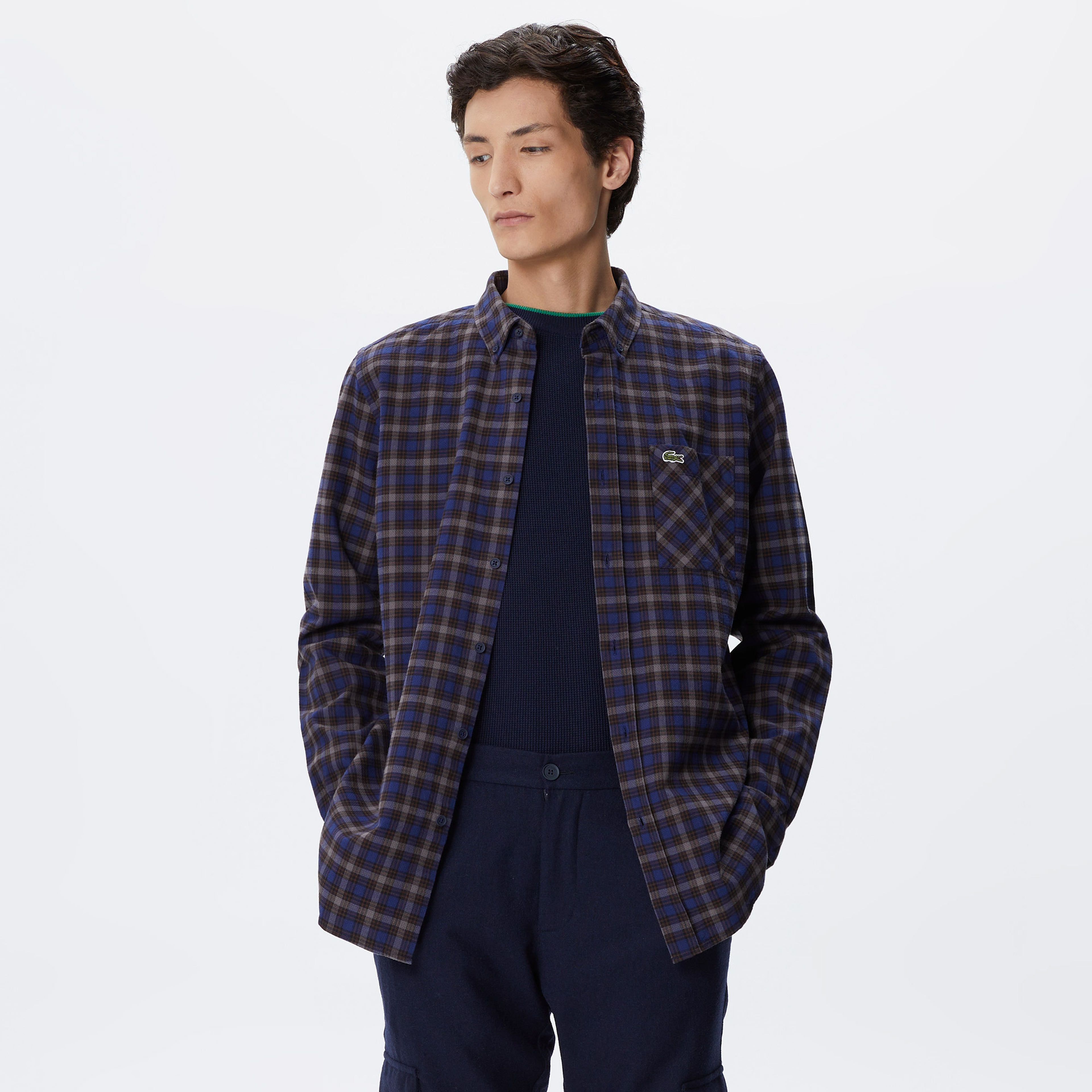 Erkek Regular Fit Düğmeli Yaka Ekose Lacivert Gömlek