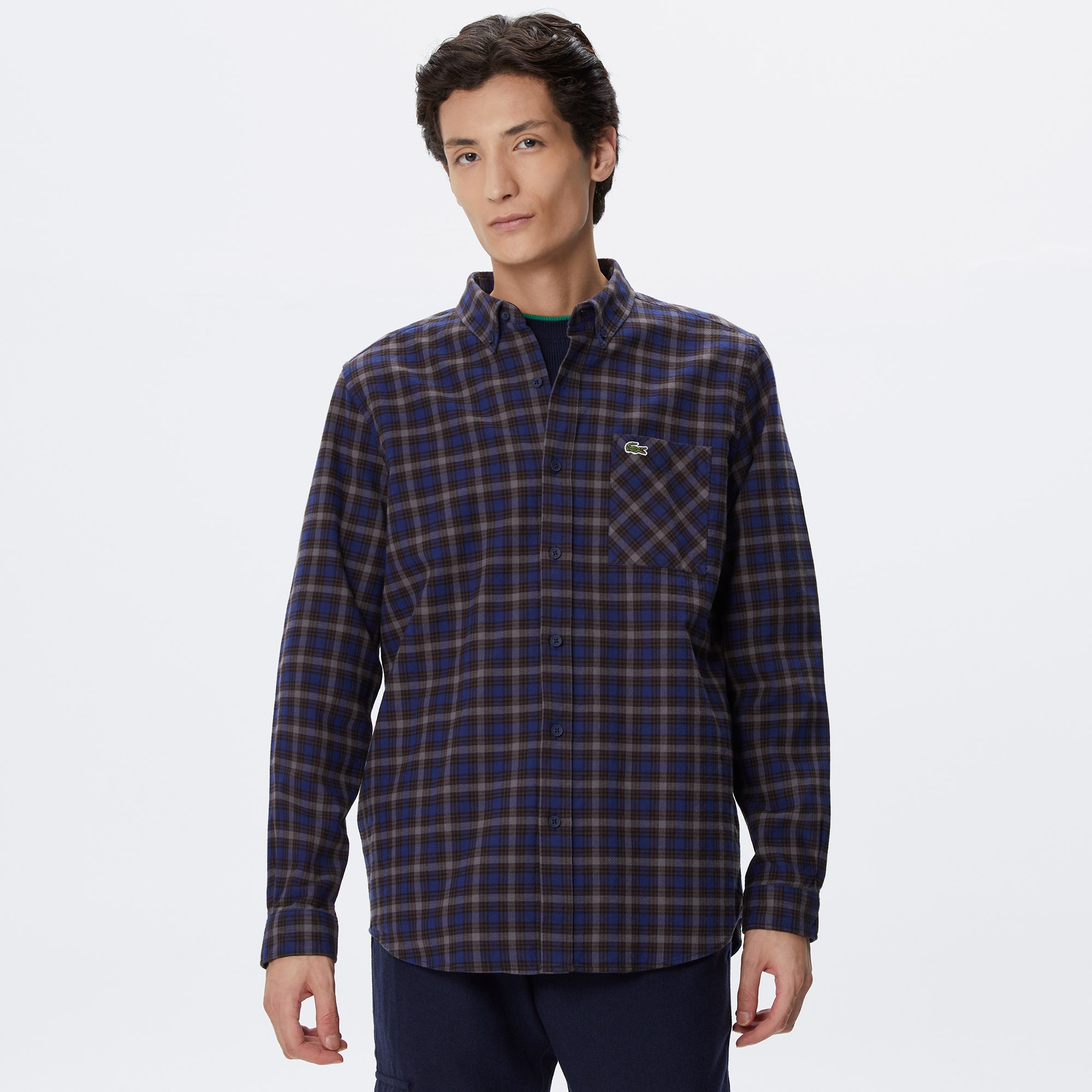 Erkek Regular Fit Düğmeli Yaka Ekose Lacivert Gömlek