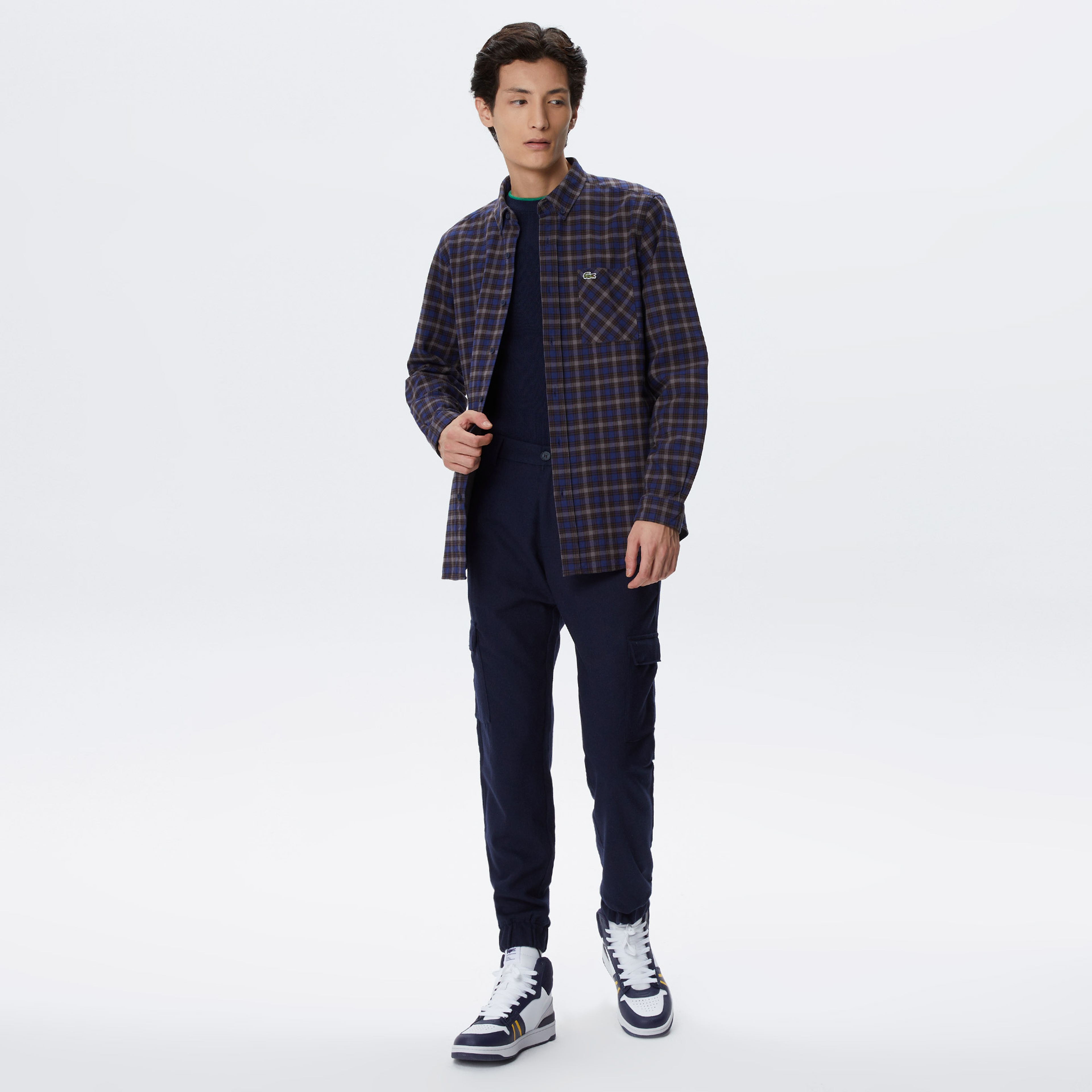 Erkek Regular Fit Düğmeli Yaka Ekose Lacivert Gömlek
