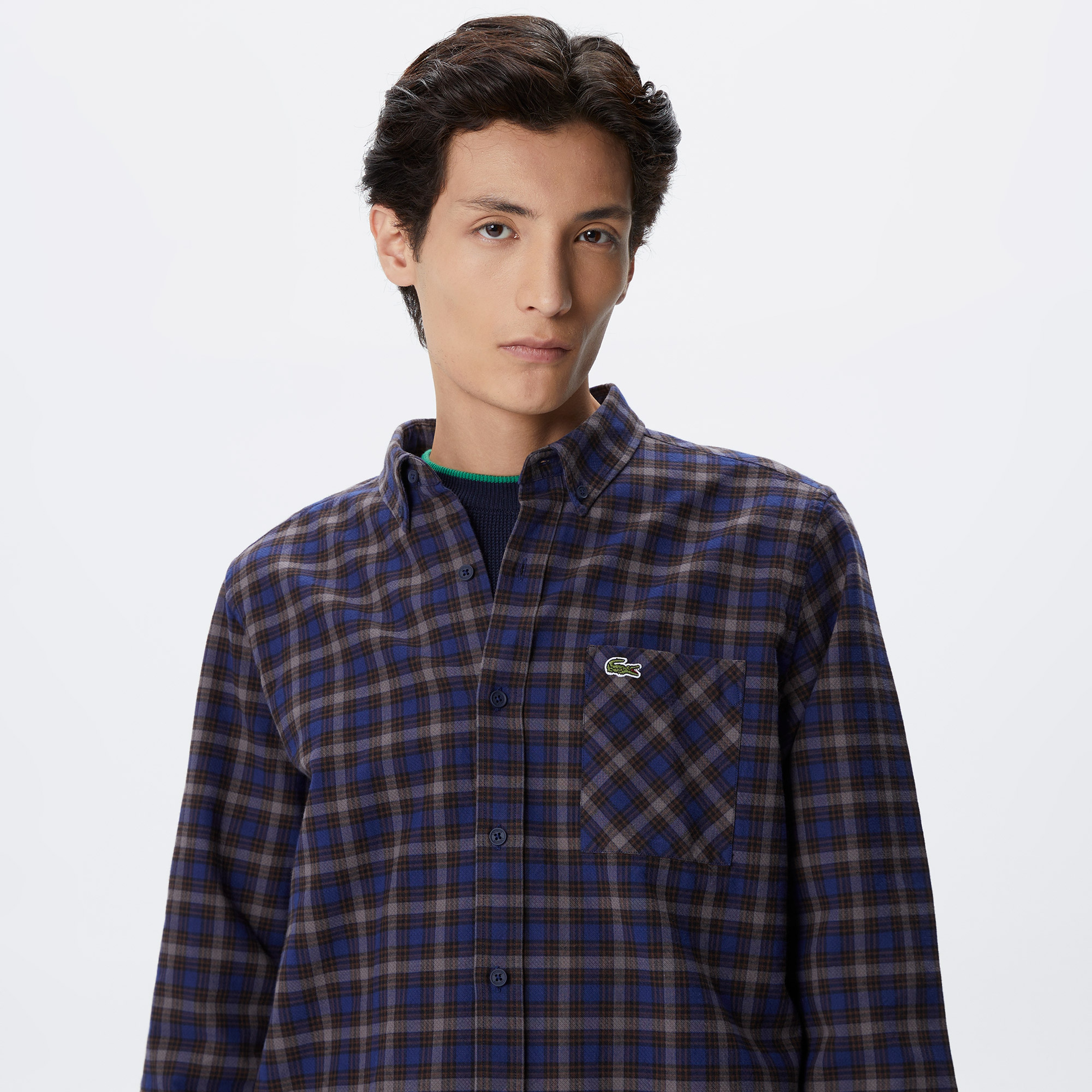 Erkek Regular Fit Düğmeli Yaka Ekose Lacivert Gömlek