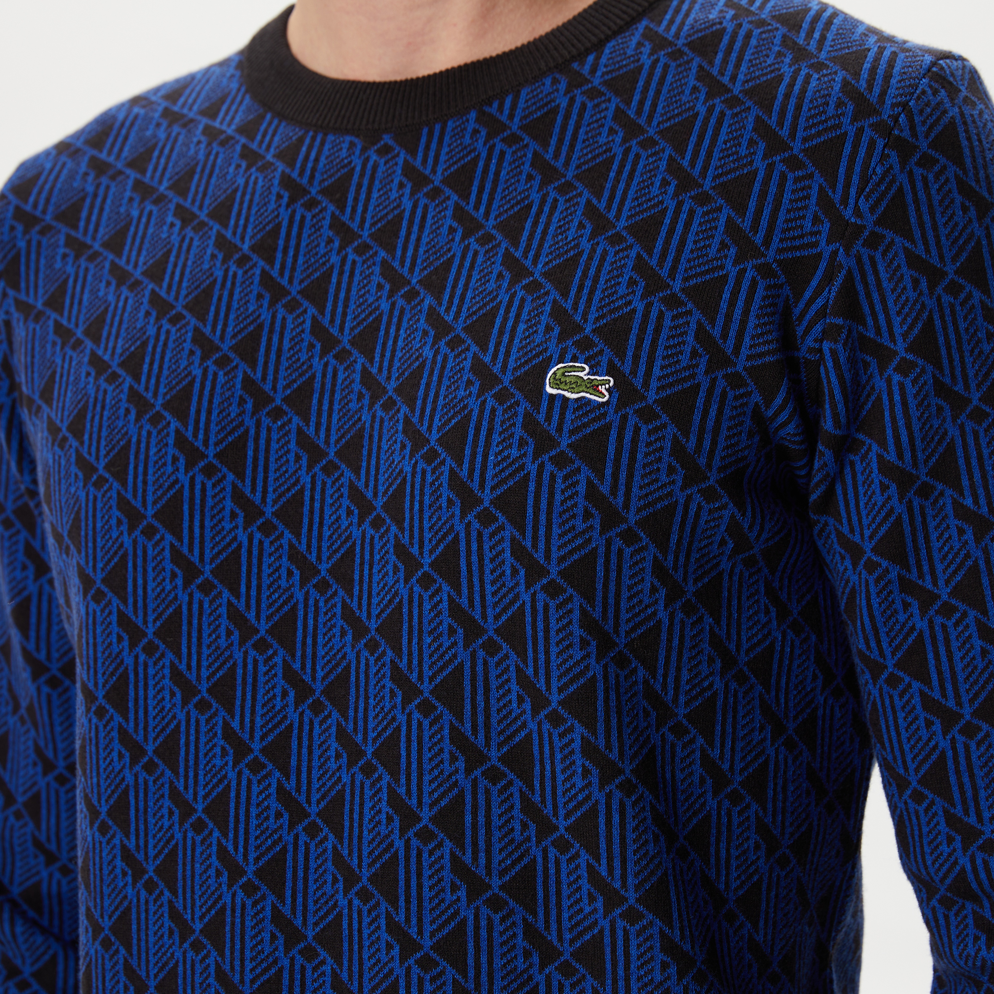 Erkek Regular Fit Uzun Kollu Bisiklet Yaka Desenli Mavi Triko