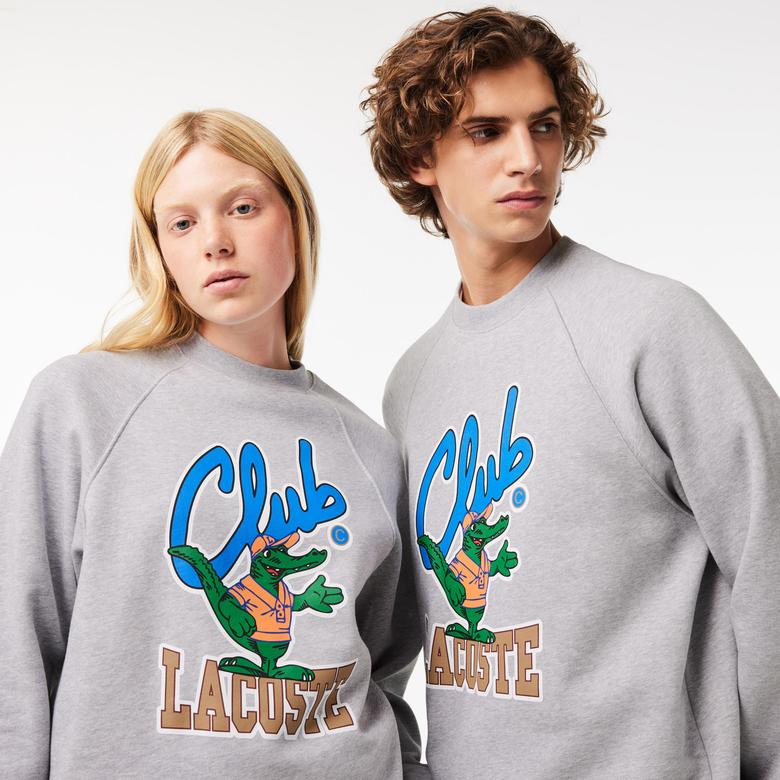 Unisex Loose Fit Bisiklet Yaka Baskılı Gri Sweatshirt