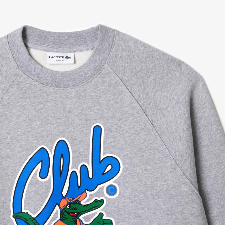 Unisex Loose Fit Bisiklet Yaka Baskılı Gri Sweatshirt