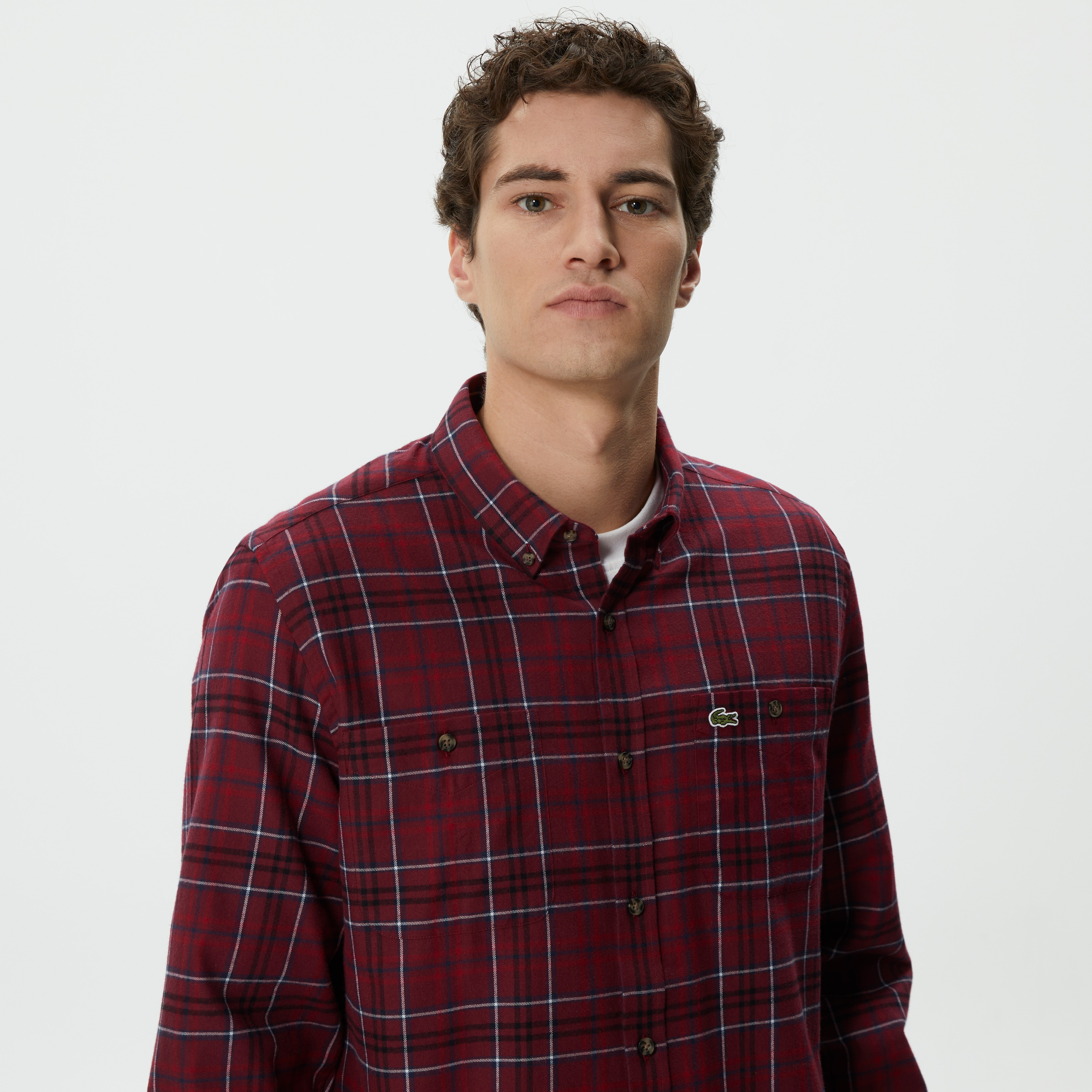 Erkek Regular Fit Düğmeli Yaka Ekose Bordo Gömlek